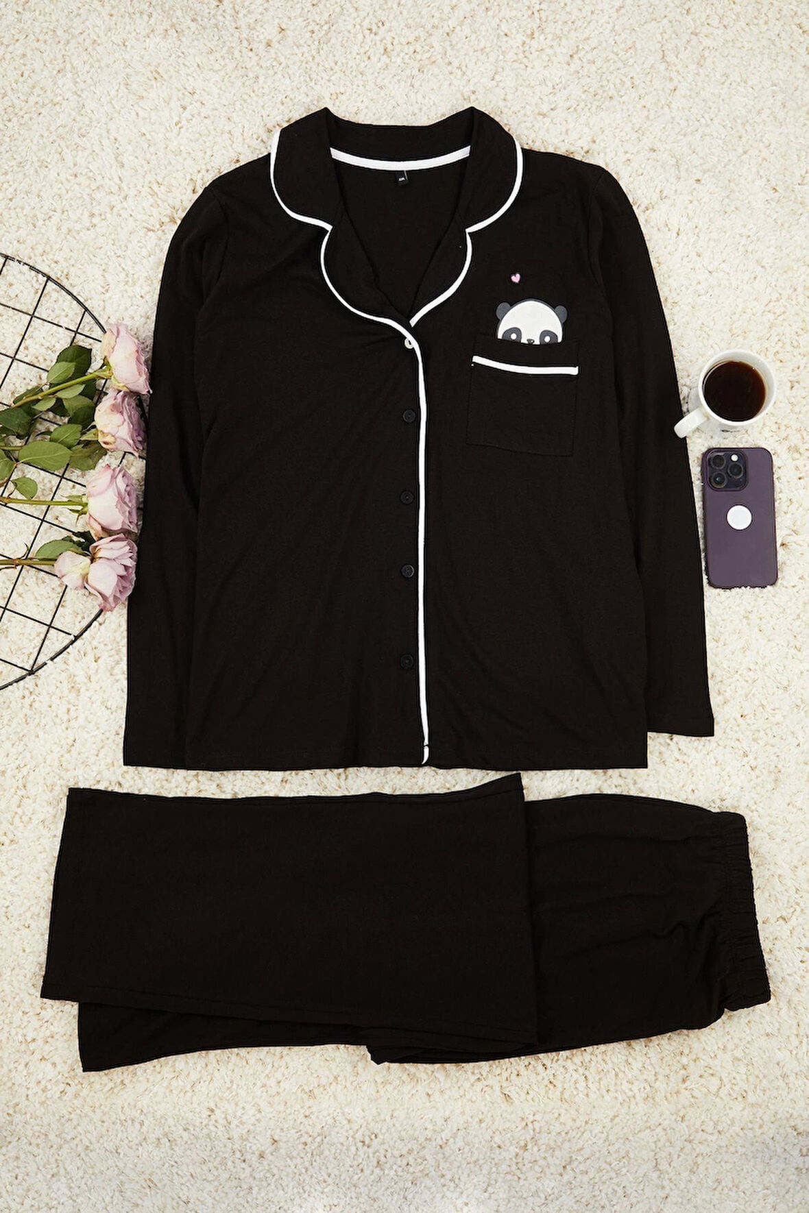 Tarz Rahat Büyük Beden Uzun Kollu Geniş Paça Panda Baskılı Örme Pijama Takımı