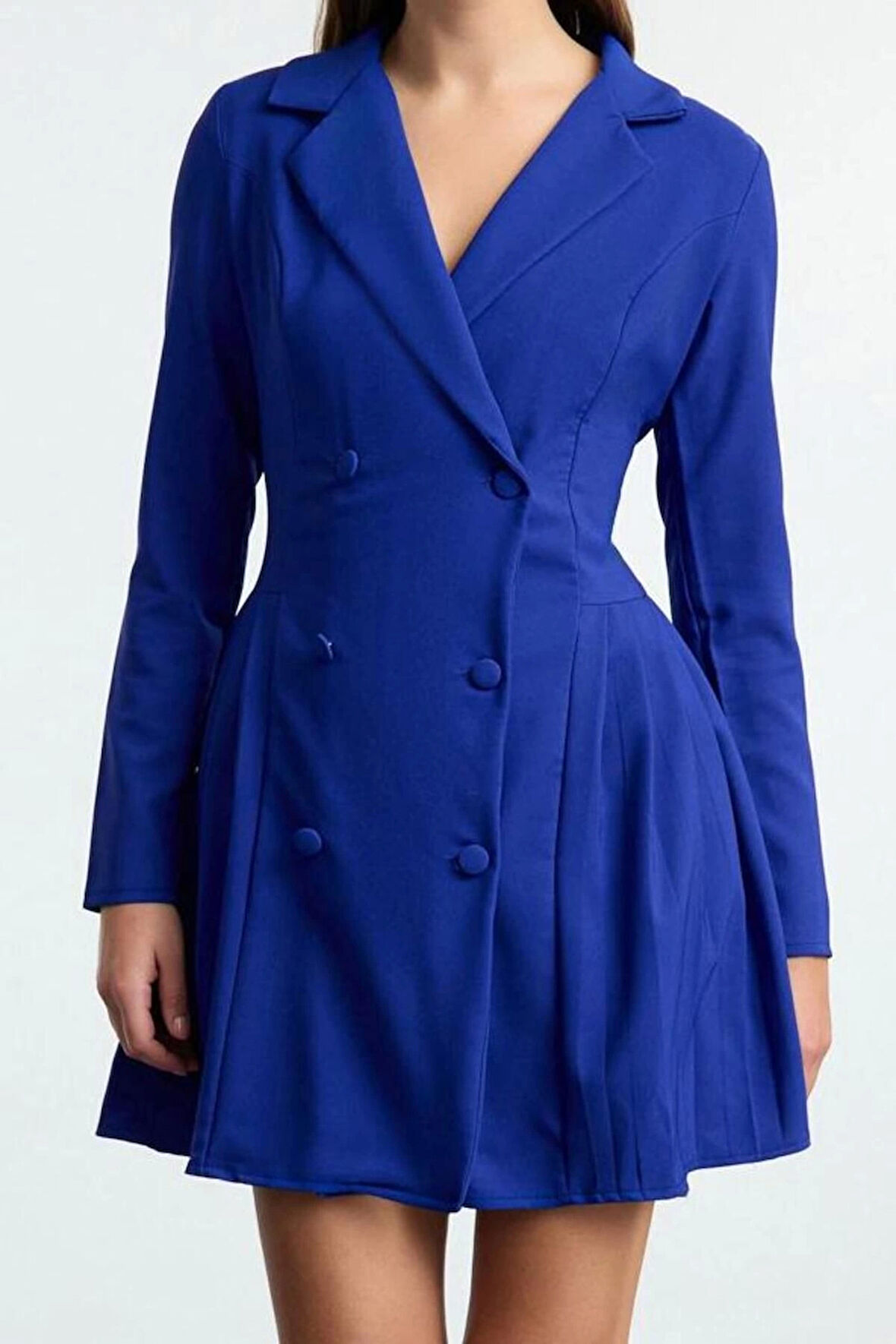 Moda Stil Regular Ceket Yaka Mini Boy Piliseli Dokuma Ceket Elbise