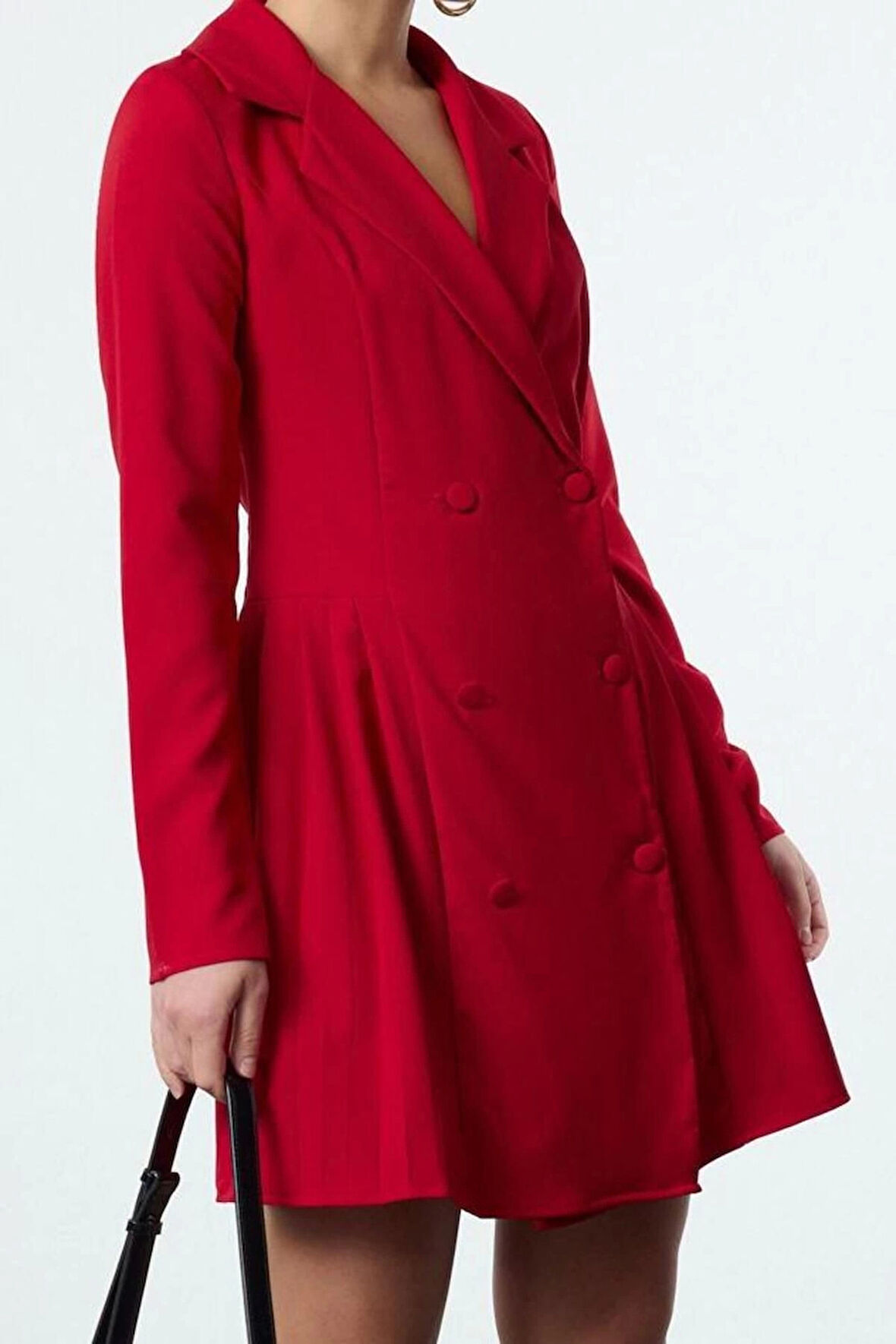 Moda Stil Regular Ceket Yaka Mini Boy Piliseli Dokuma Ceket Elbise