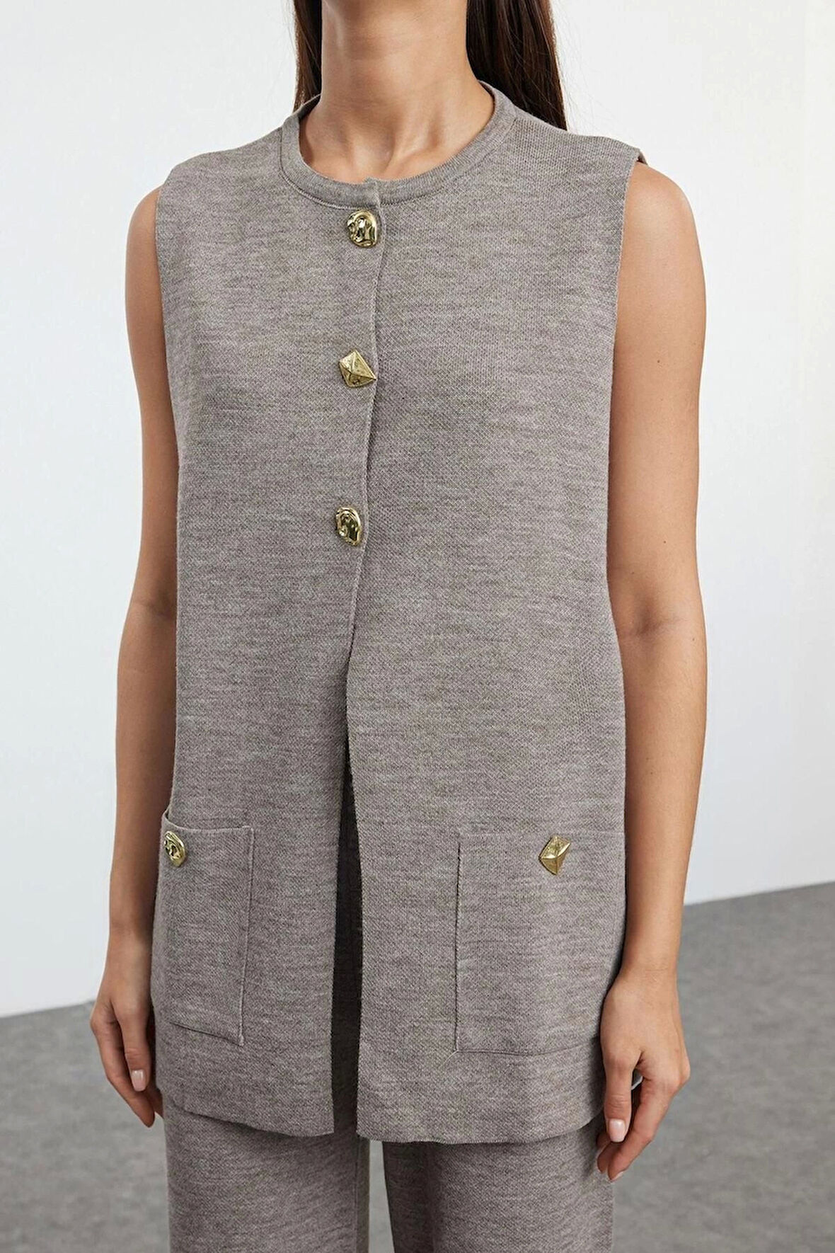 Tarz Kadın Modern Normal Bel Boru Paça Düğme Detaylı Yelek-Pantolon Triko Alt-Üst Takım