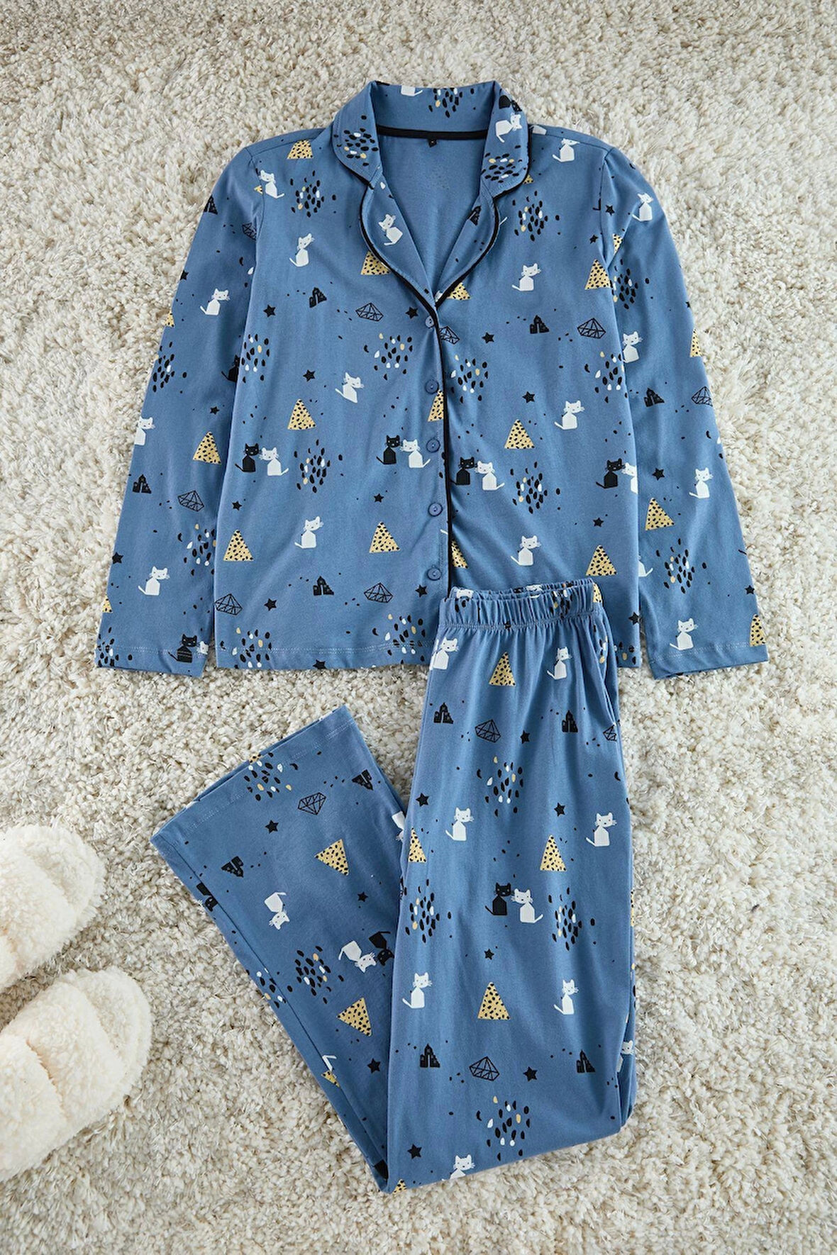 Tarz Rahat Uzun Kollu Boru Paça %100 Pamuklu Desenli Örme Pijama Takımı