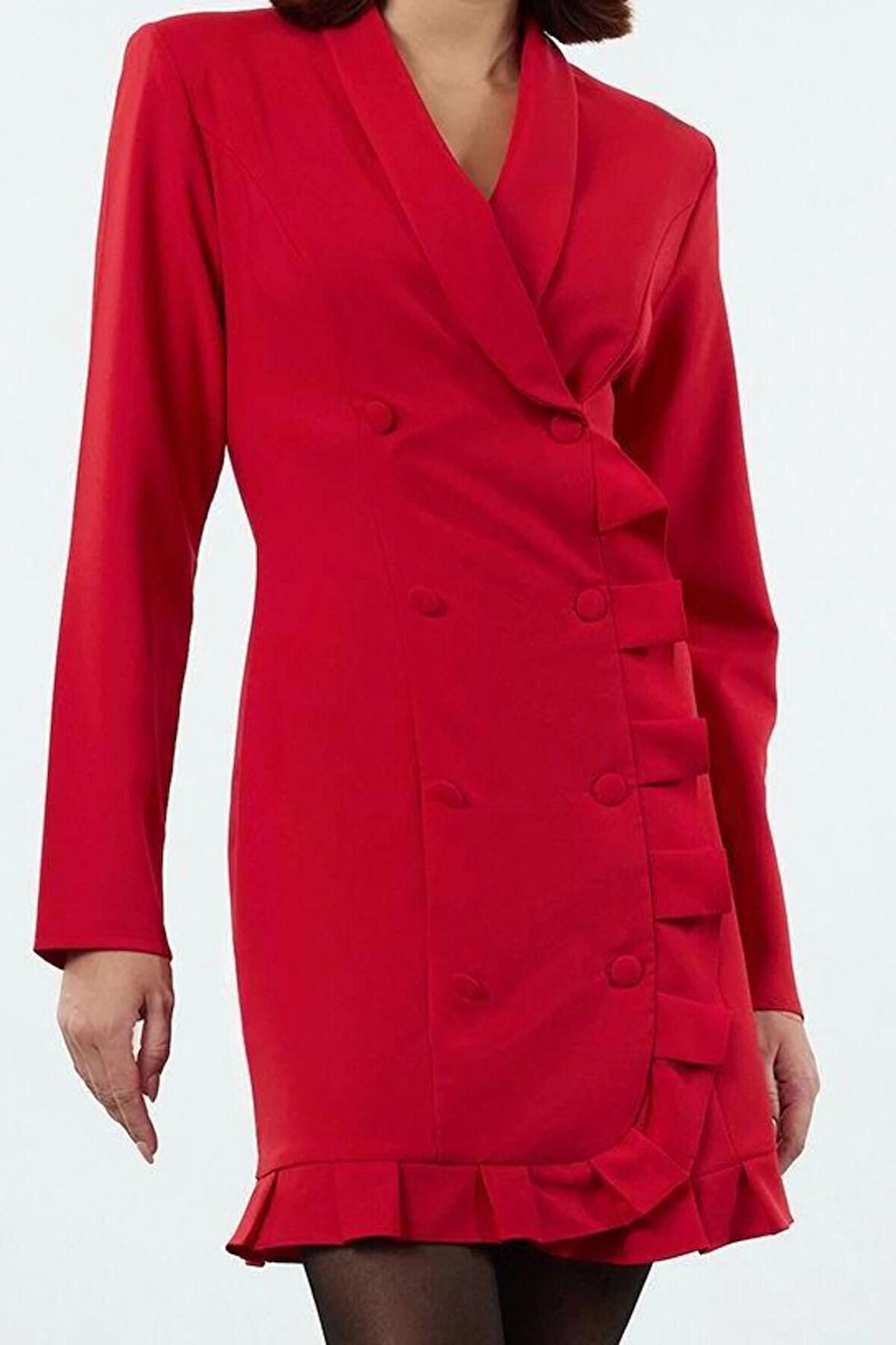 Moda Stil Regular Ceket Yaka Mini Boy Eteği Fırfırlı Dokuma Ceket Elbise