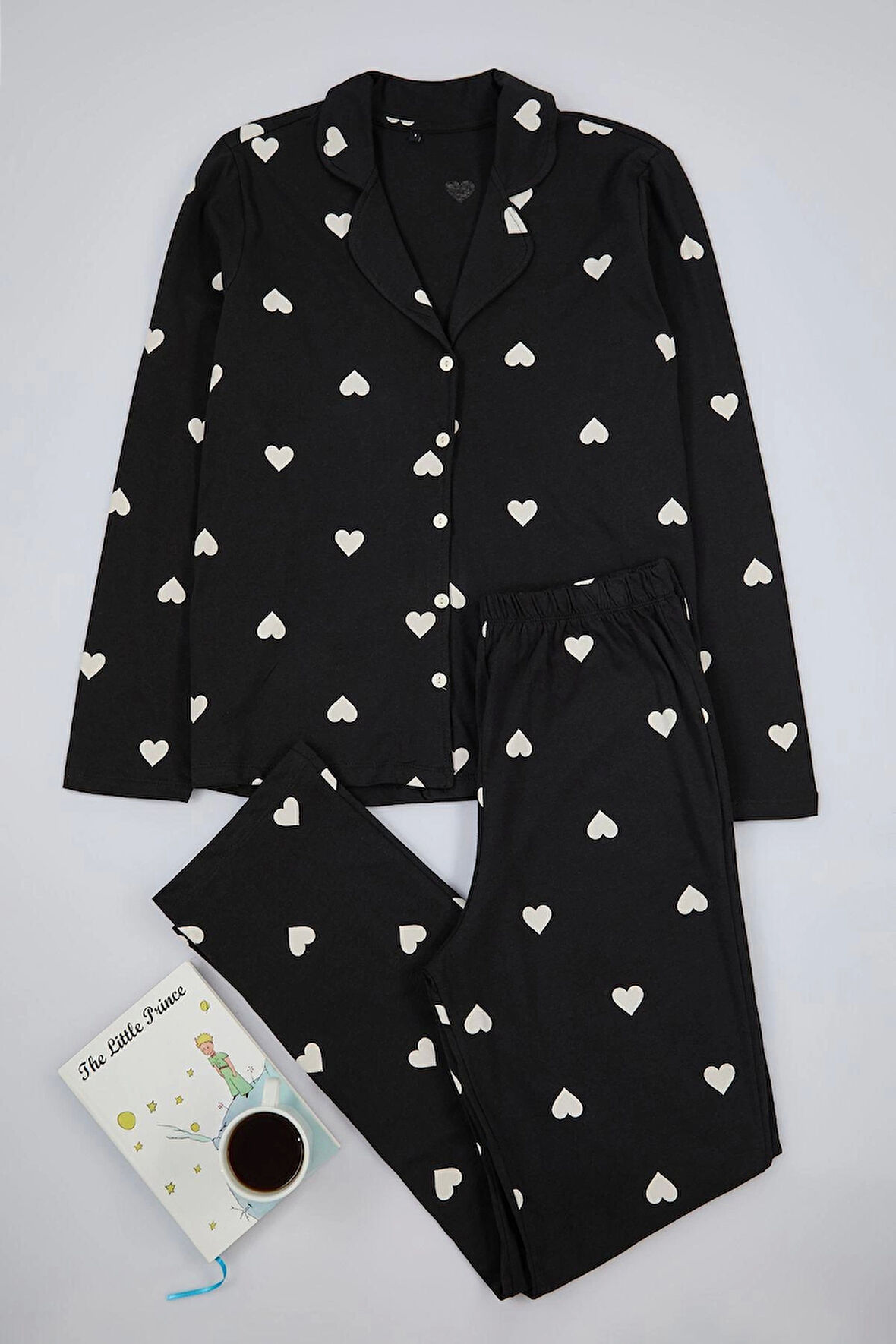 Tarz Rahat Uzun Kollu Boru Paça %100 Pamuklu Kalp Desenli Örme Pijama Takımı