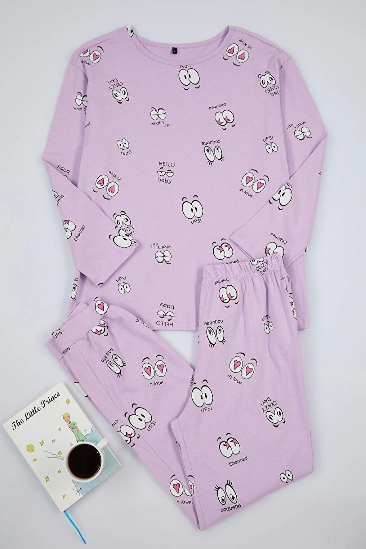 Tarz Rahat Uzun Kollu Boru Paça %100 Pamuklu Göz Desenli T-shirt-Jogger Örme Pijama Takımı