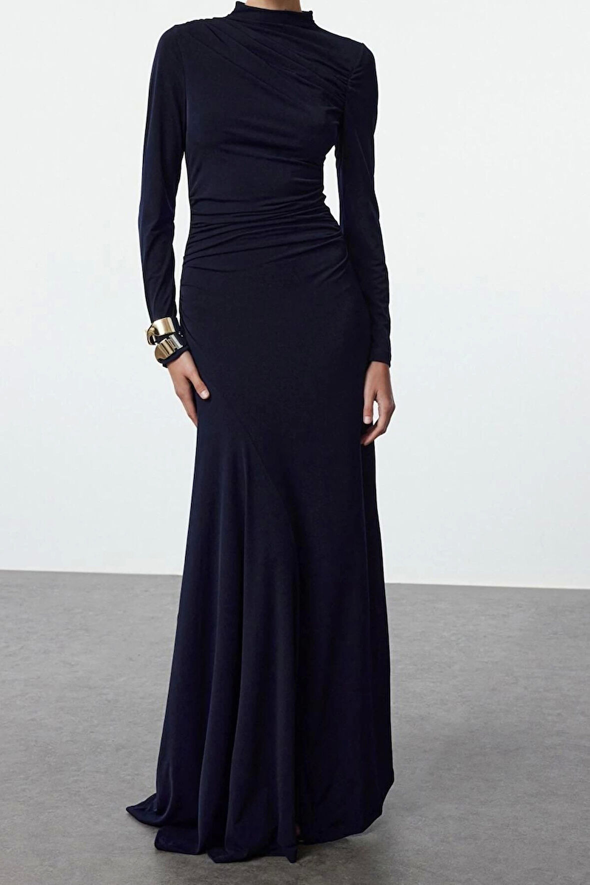 Moda Stil Slim Dik Yaka Maxi Boy Fitted Vücuda Oturan Uzun Kollu Esnek Örme Elbise