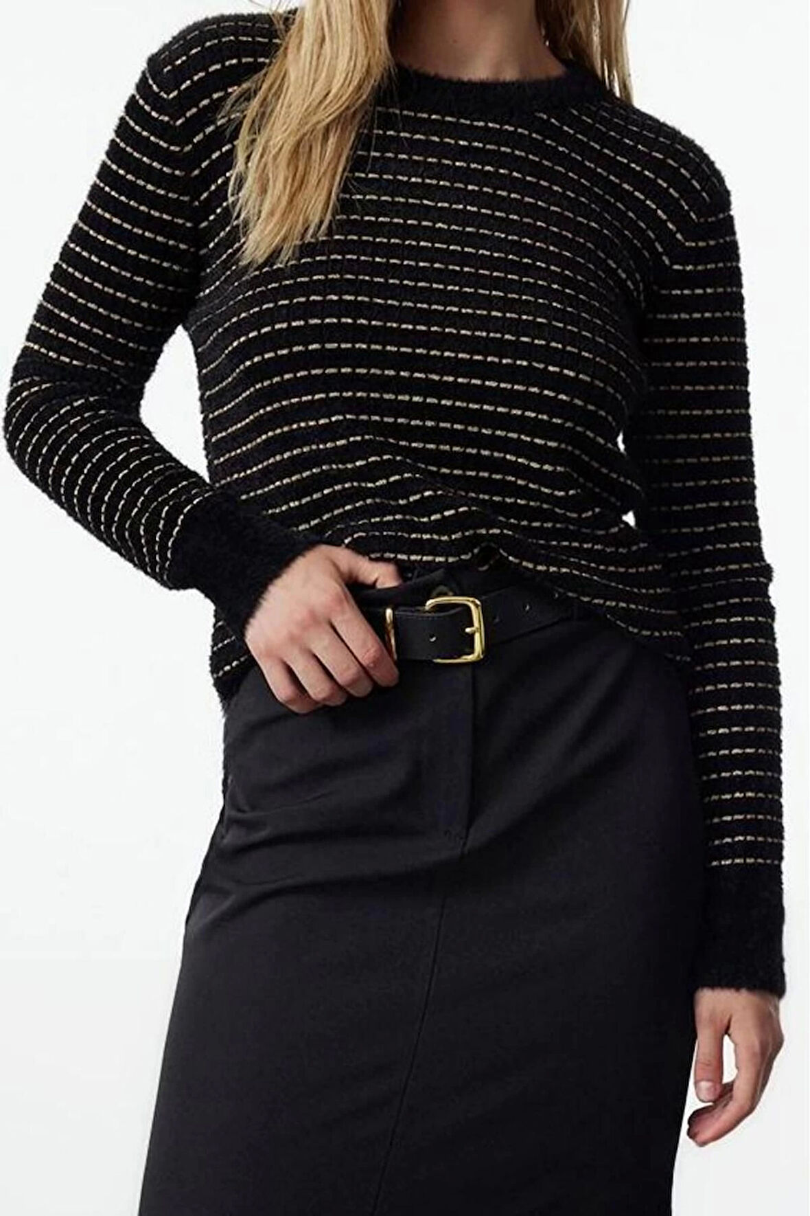 Stil Modern Kadın Regular Standart Kol Bisiklet Yaka Tüylü İplik Çizgili Triko Kazak