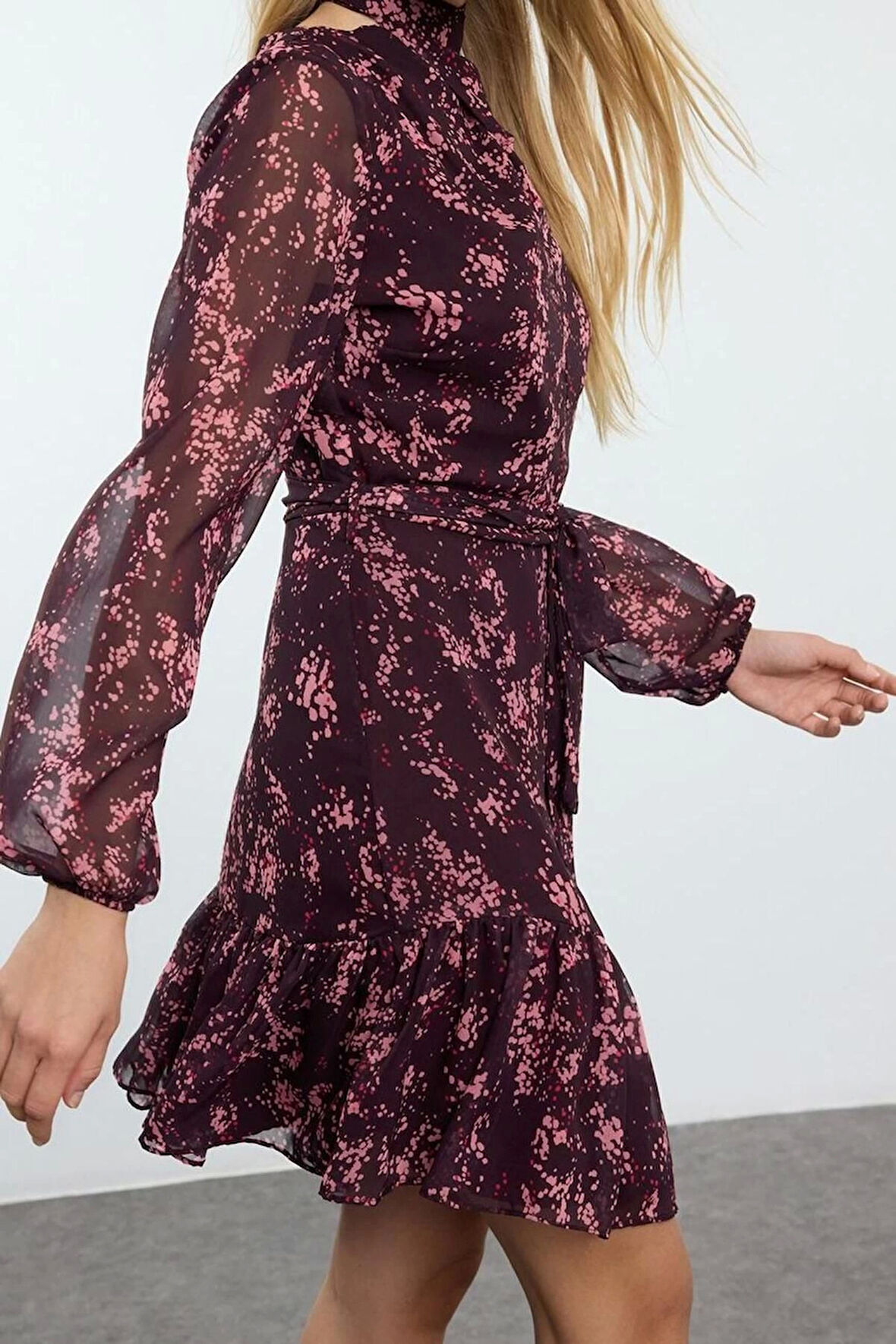 Moda Stil Regular Dik Yaka Mini Boy Çiçekli Dokuma Kışlık Elbise