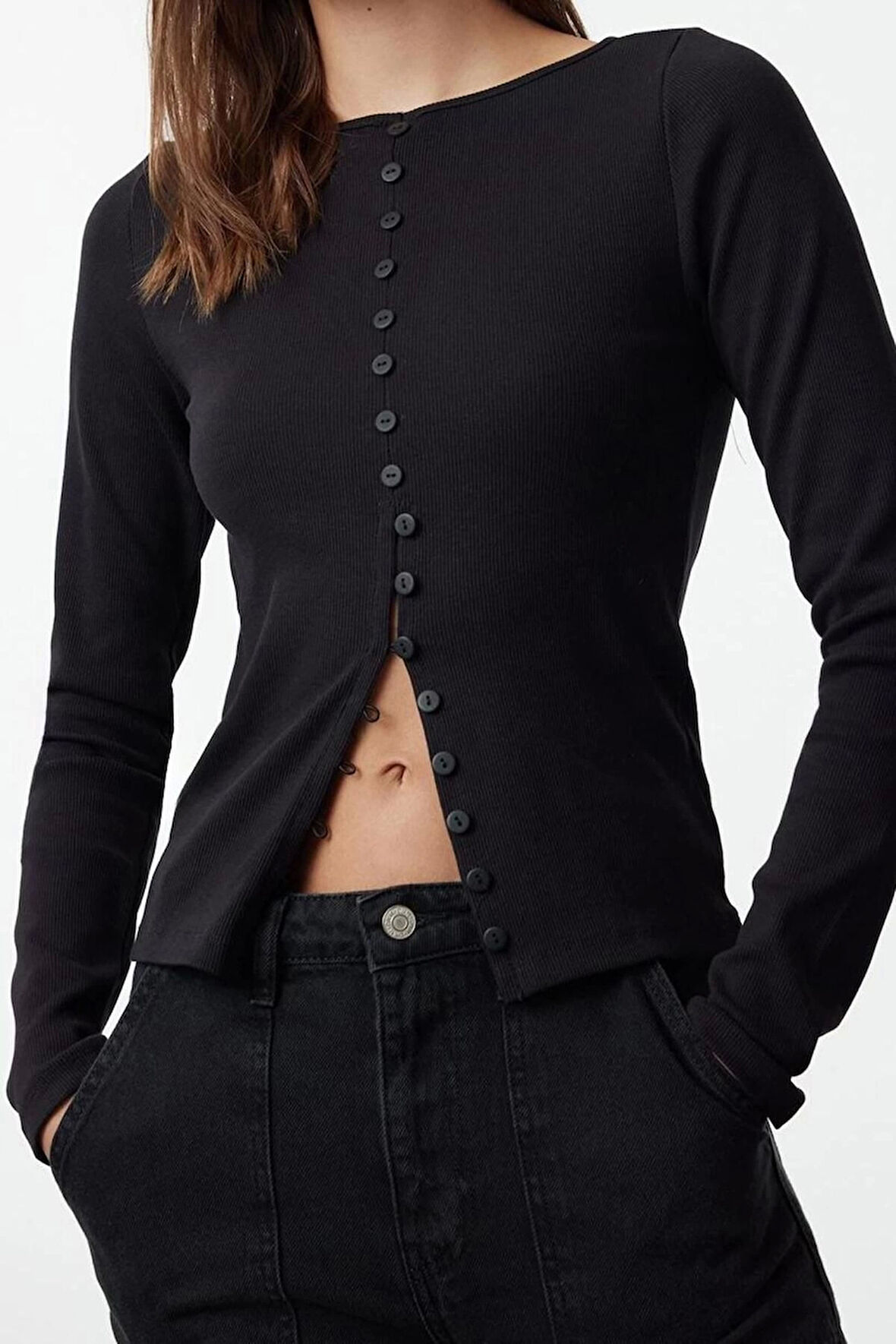 Stil Kadın Düğme Detaylı Fitilli Esnek Boy Bluz Regular Örme Fitted Kalıp