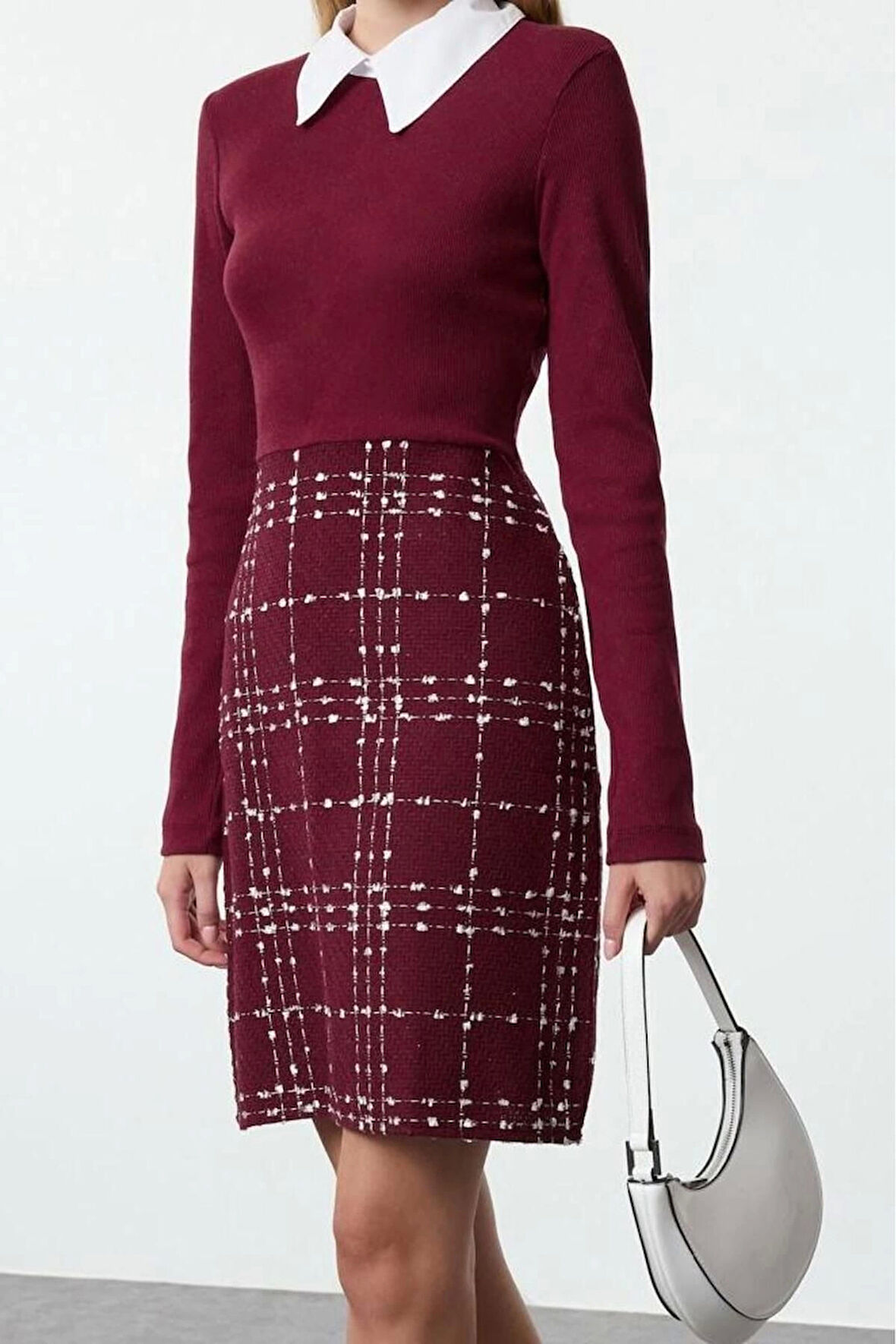 Moda Stil Regular Gömlek Yaka Mini Boy Ekose Kareli Dokuma Elbise