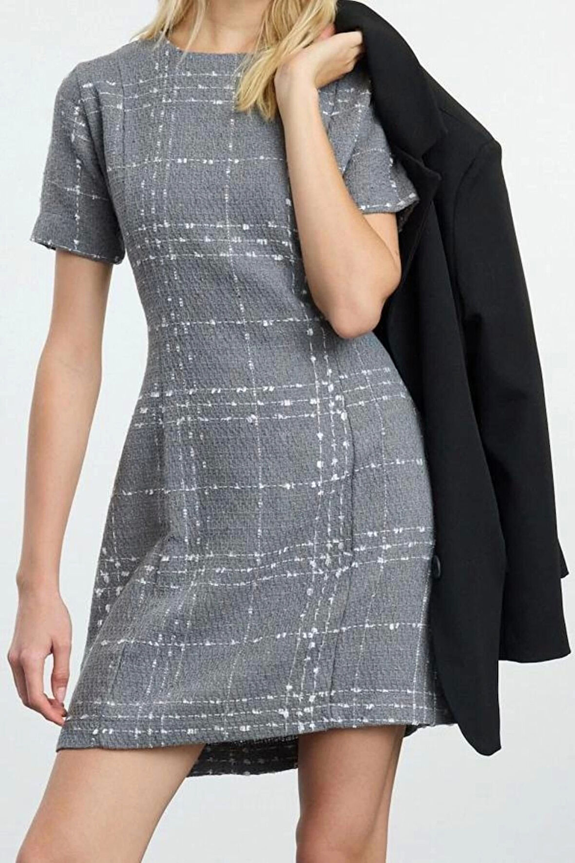 Moda Stil Regular Bisiklet Yaka Mini Boy Ekose Kareli Düz Kesim Tüvit Dokuma Elbise
