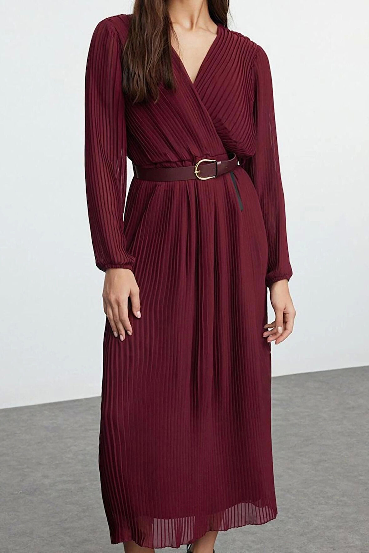 Moda Stil Regular Kruvaze Midi Boy Kemerli Düz Kemerli Dokuma Elbise