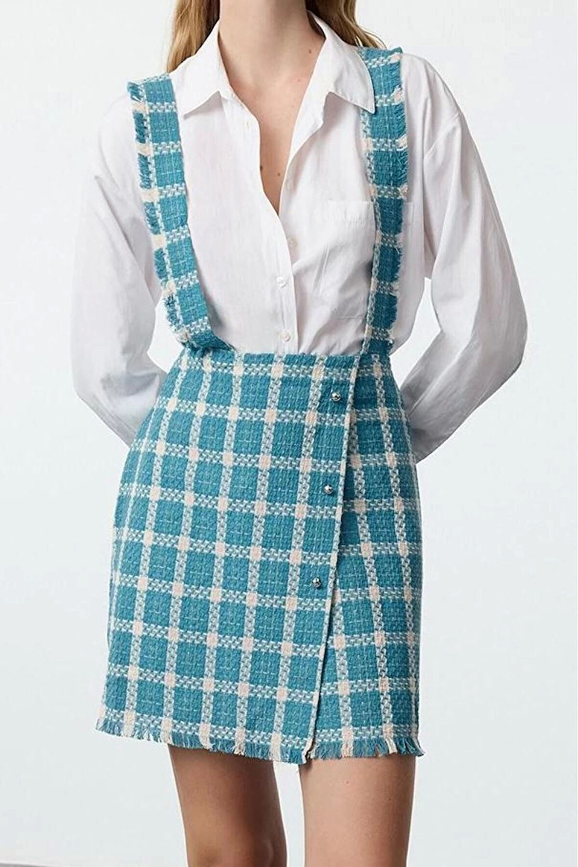 Moda Stil Regular Kare Yaka Mini Boy Askılı Dokuma Elbise