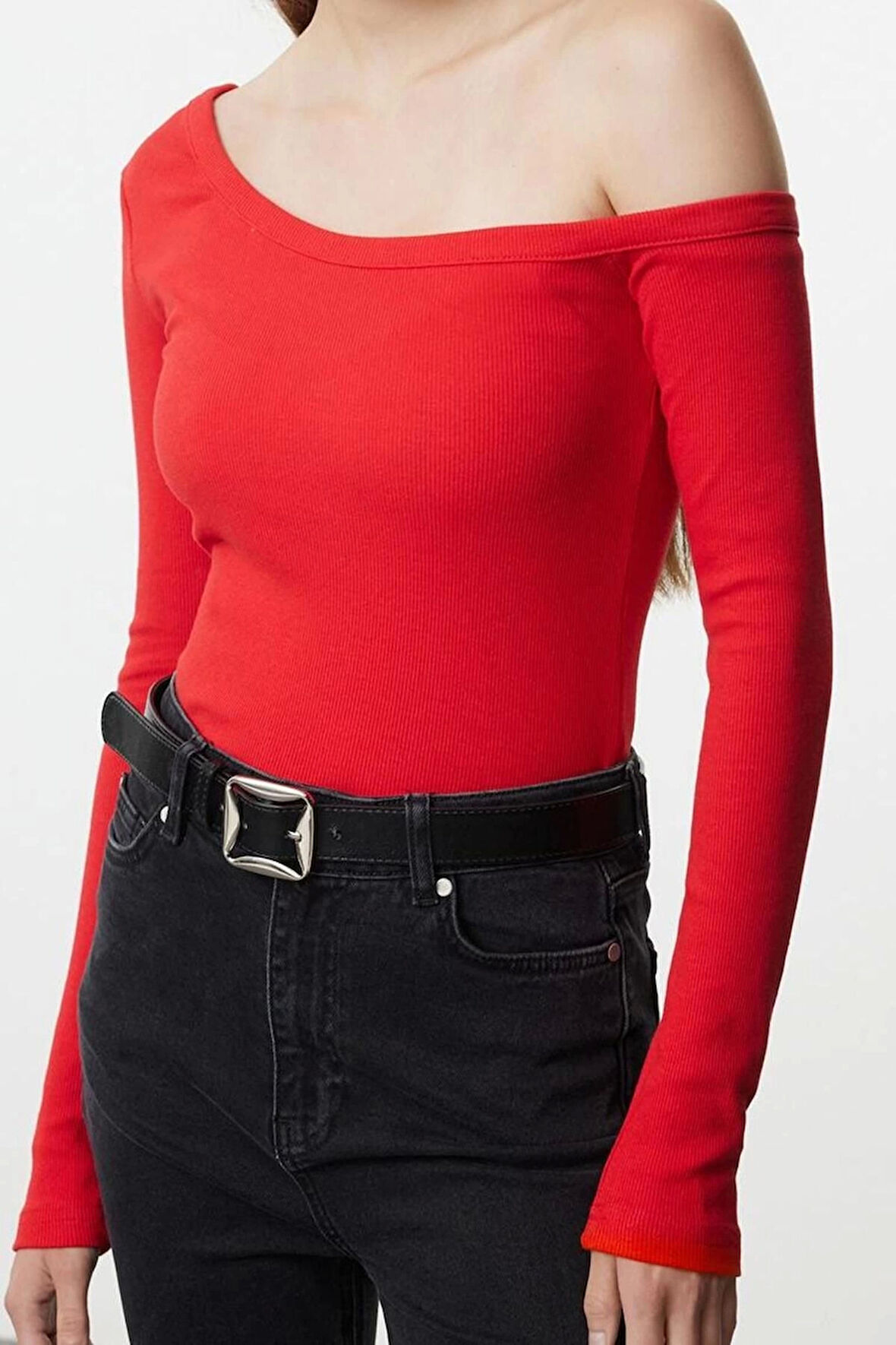 Stil Kadın Fitted Vücuda Oturan Omzu Açık Fitilli Pamuklu Esnek Bluz Regular Örme Slim Kalıp