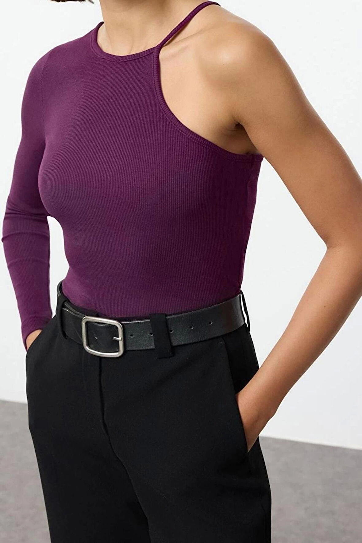 Stil Kadın Fitilli Fitted Vücuda Oturan Esnek Bluz Crop Örme Slim Kalıp Tek Kol