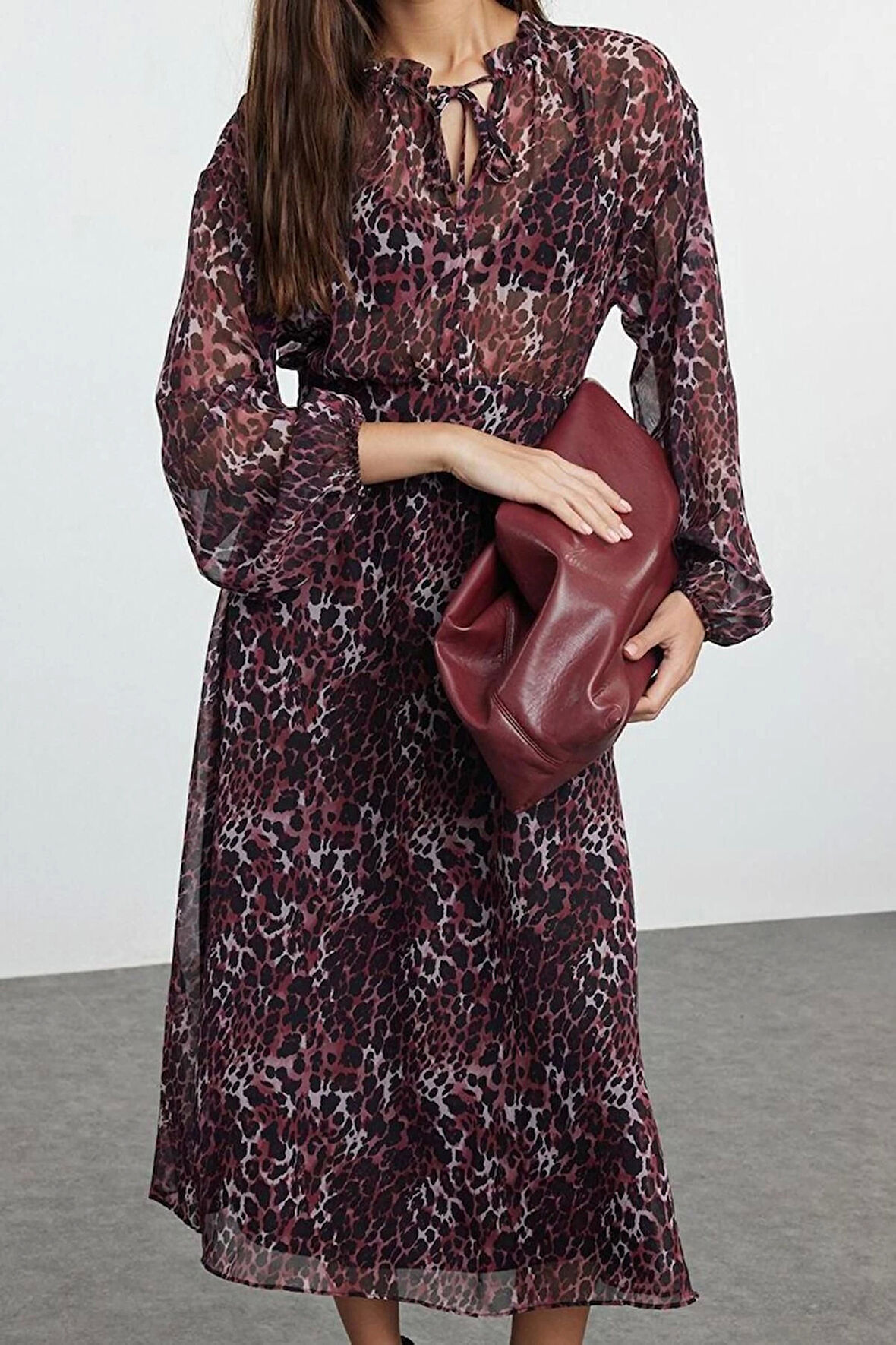 Moda Stil Regular Bisiklet Yaka Midi Boy Çiçekli Eteği Belden Açılan Astarlı Dokuma Kışlık Elbise