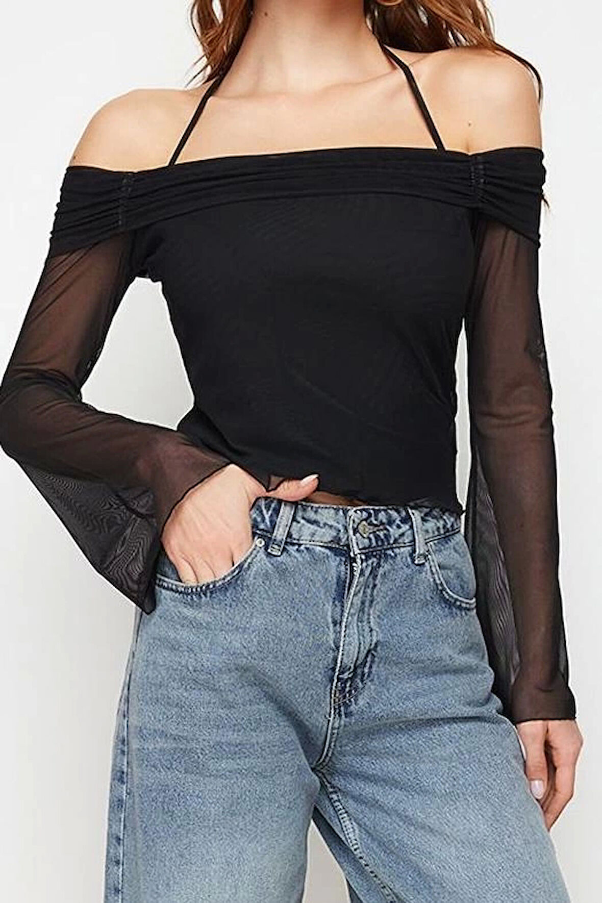 Moda Carmen Yaka Örme Regular Düz Desen Casual Günlük Crop Uzun Kol Bluz