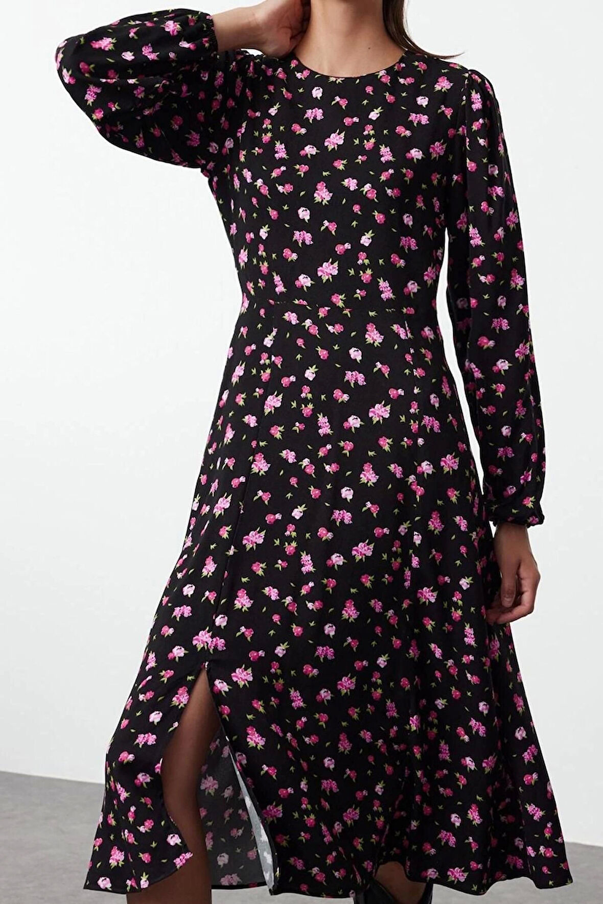 Moda Stil Regular Bisiklet Yaka Midi Boy Çiçekli Dokuma Elbise