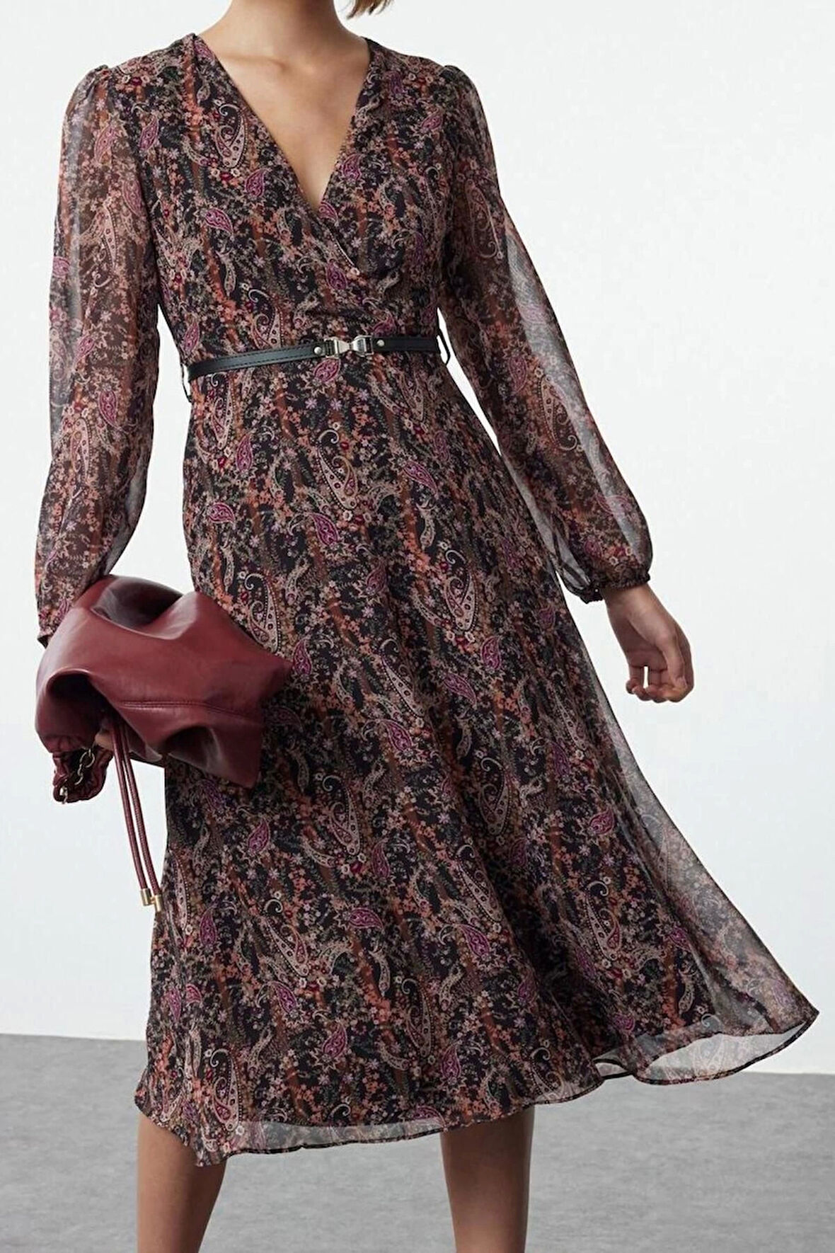 Moda Stil Regular Kruvaze Midi Boy Kemerli A Kesim Yaka Desenli Şifon Elbise Dokuma Elbise