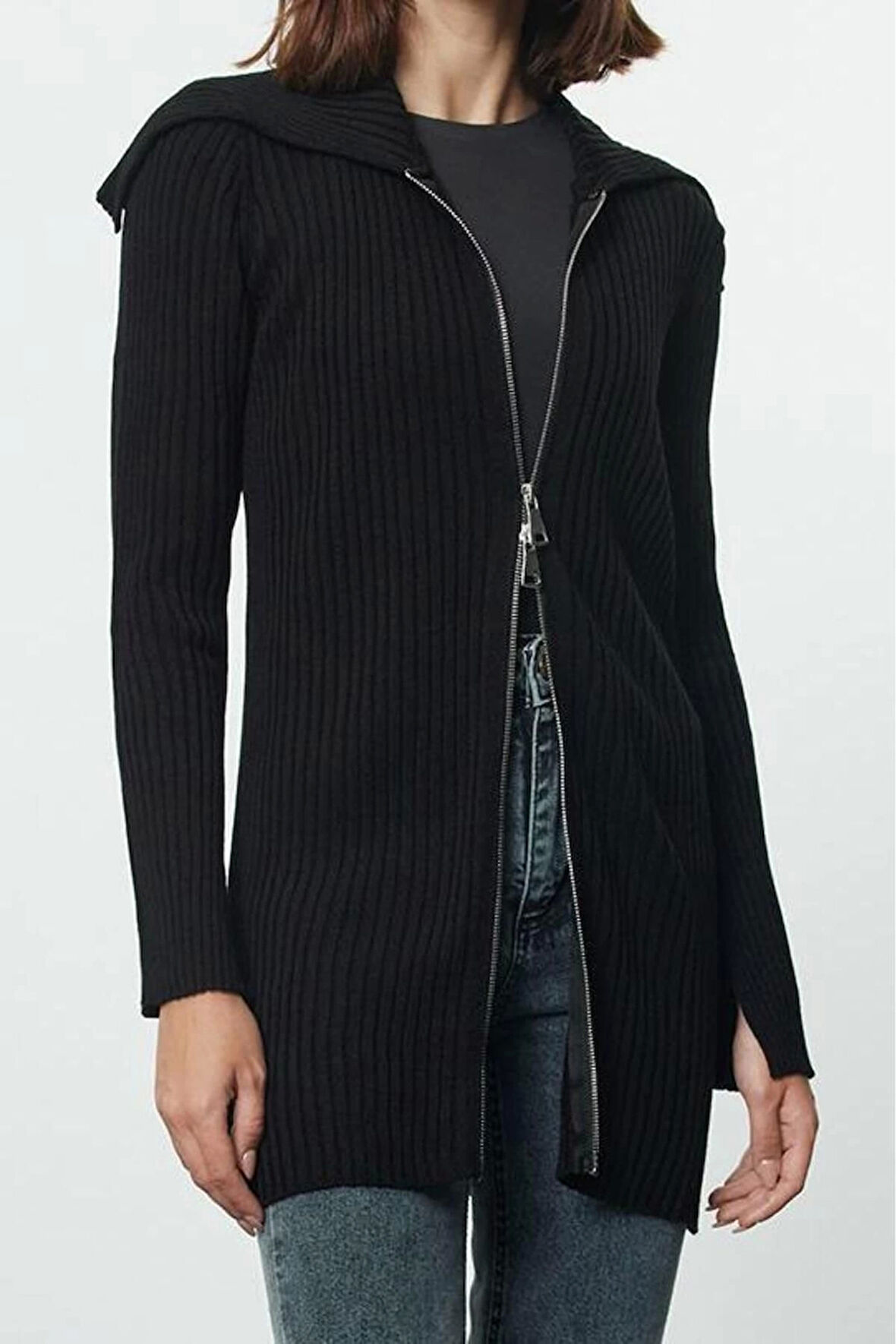 Kadın Modern Tarz Rahat Uzun Kare Yaka Düz Kol Regular Triko Hırka