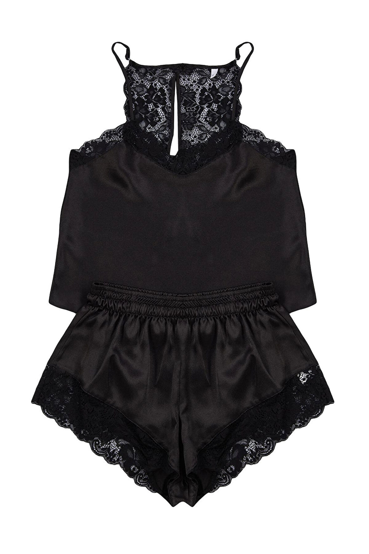 Tarz Rahat Kolsuz Kol Boru Paça Dantel Detaylı İp Saten Dokuma Pijama Takımı