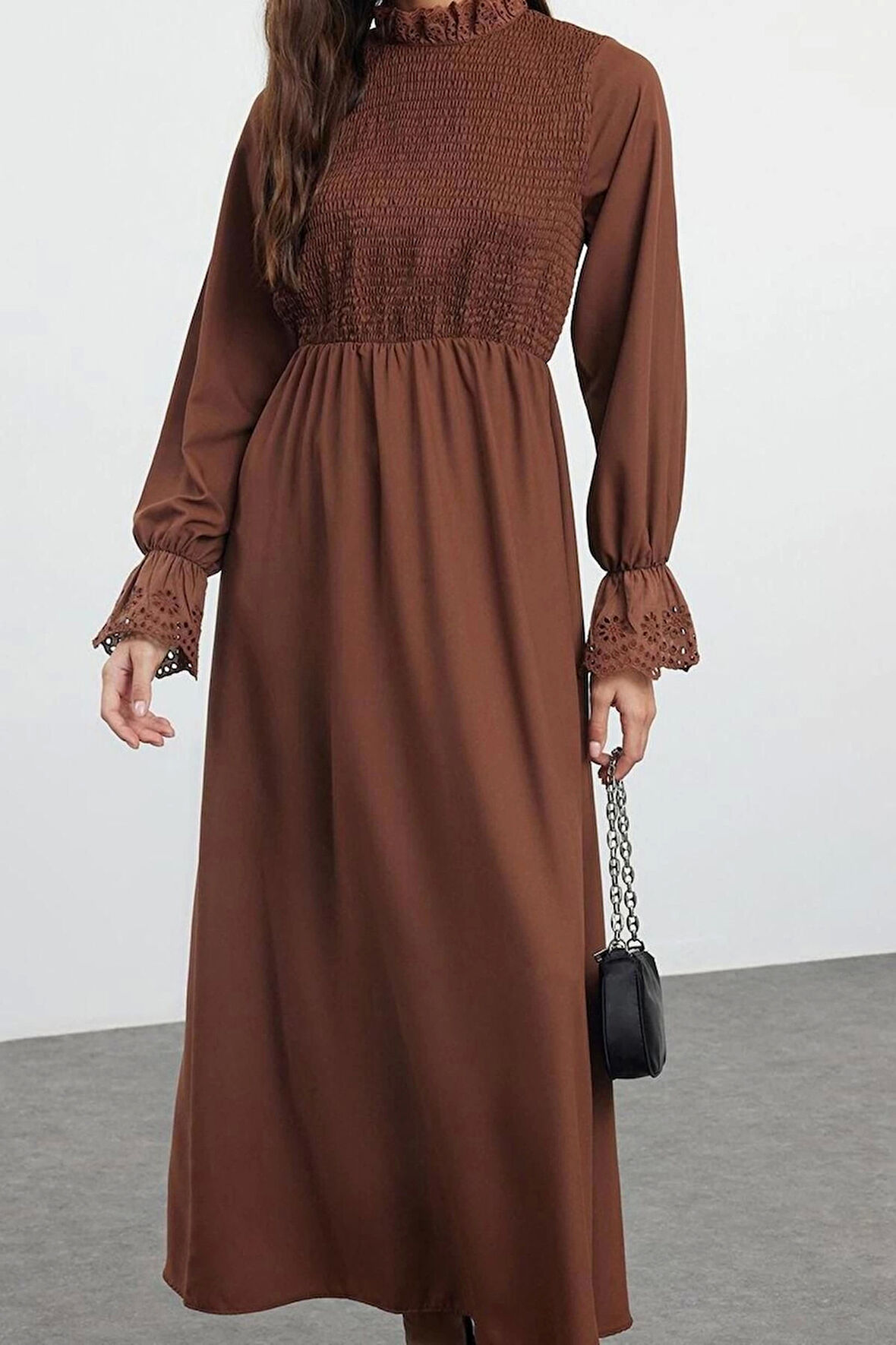 Moda Stil Regular Dik Yaka Uzun Tesettür Gipeli Dokuma Elbise