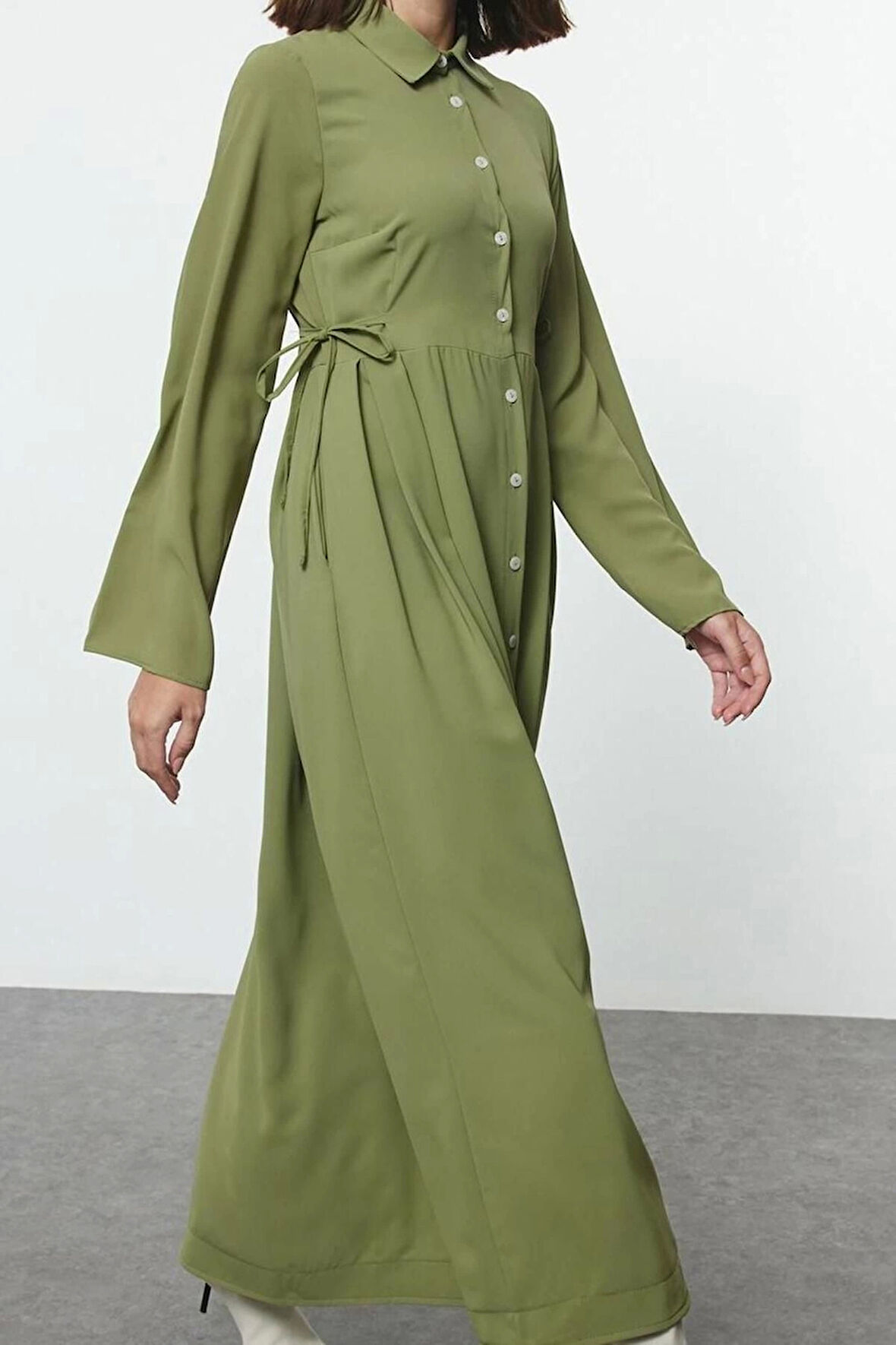 Moda Stil Regular Gömlek Yaka Uzun Tesettür Beli Bağlamalı Dokuma Elbise