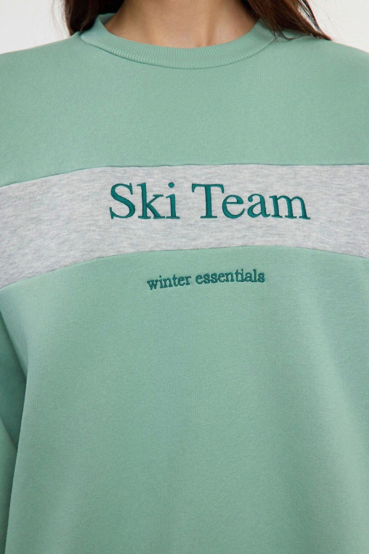 Tarz Regular Bisiklet Yaka Düşük Kol Uzun Kalın İçi Polarlı Slogan Nakışlı Örme Sweatshirt