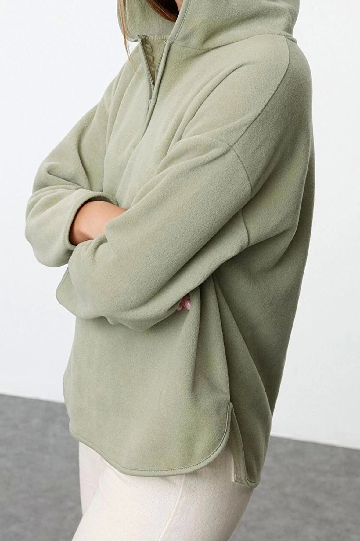 Tarz Bol Kapüşonlu Düşük Kol Uzun Kalın Polar ve Fermuarlı Geniş Kalıp Örme Sweatshirt