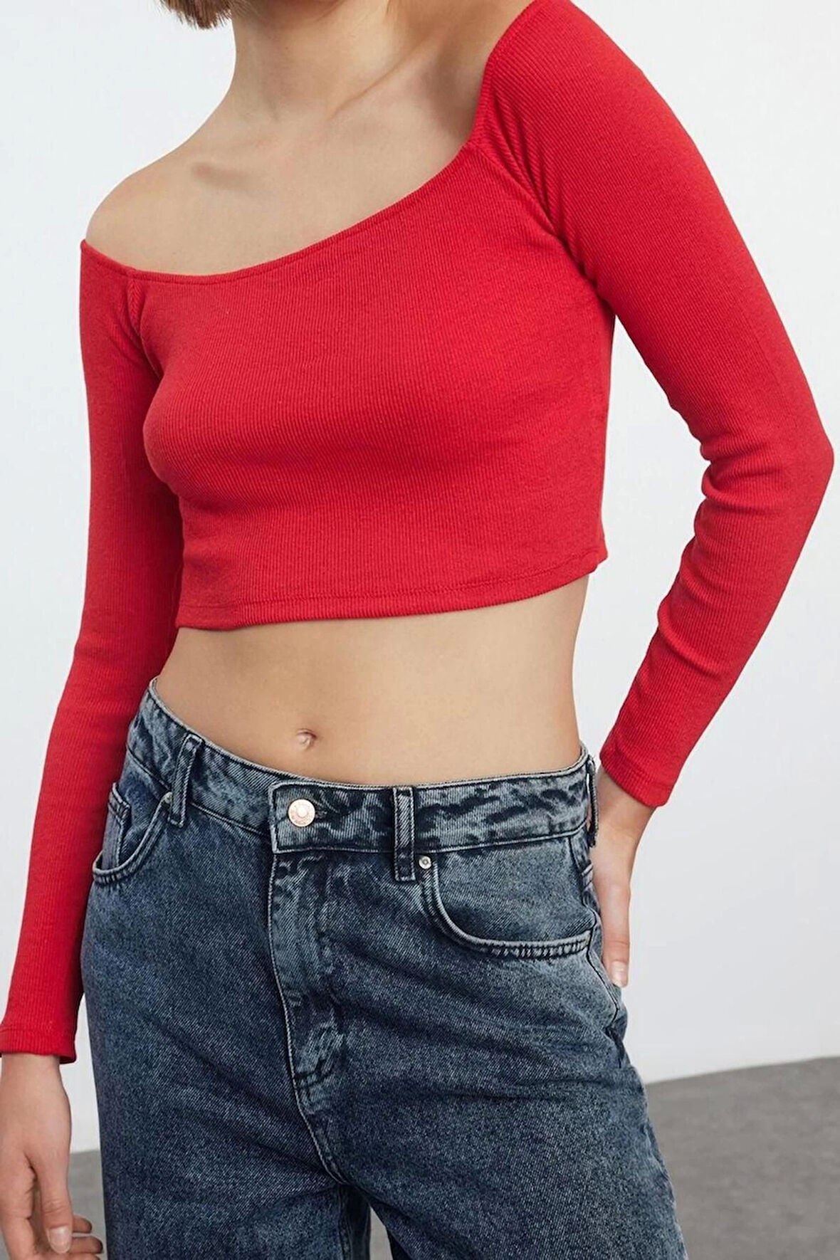 Stil Kadın Fitted Vücuda Oturan Fitilli Esnek Bluz Super Crop Örme Slim Kalıp Düşük Kol