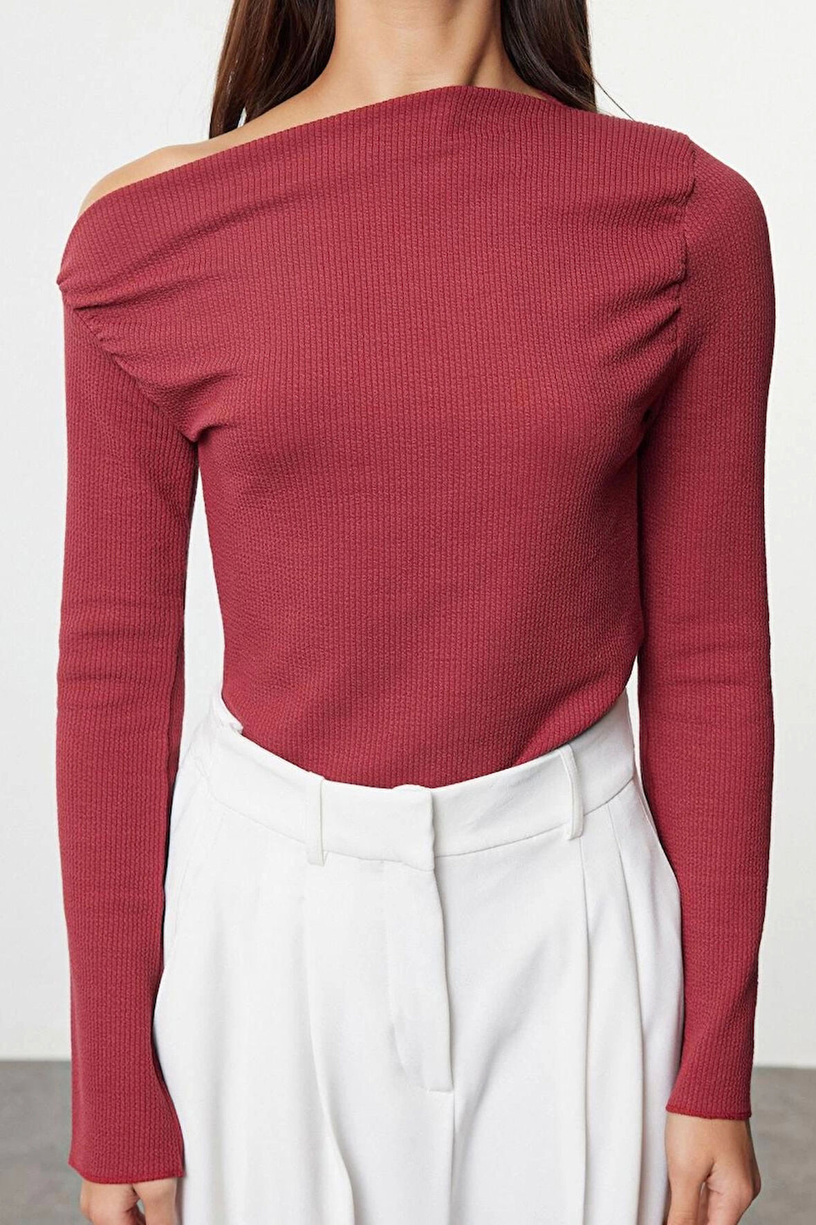 Moda Kayık Yaka Örme Slim Düz Desen Casual Günlük Uzun Uzun Kol Bluz