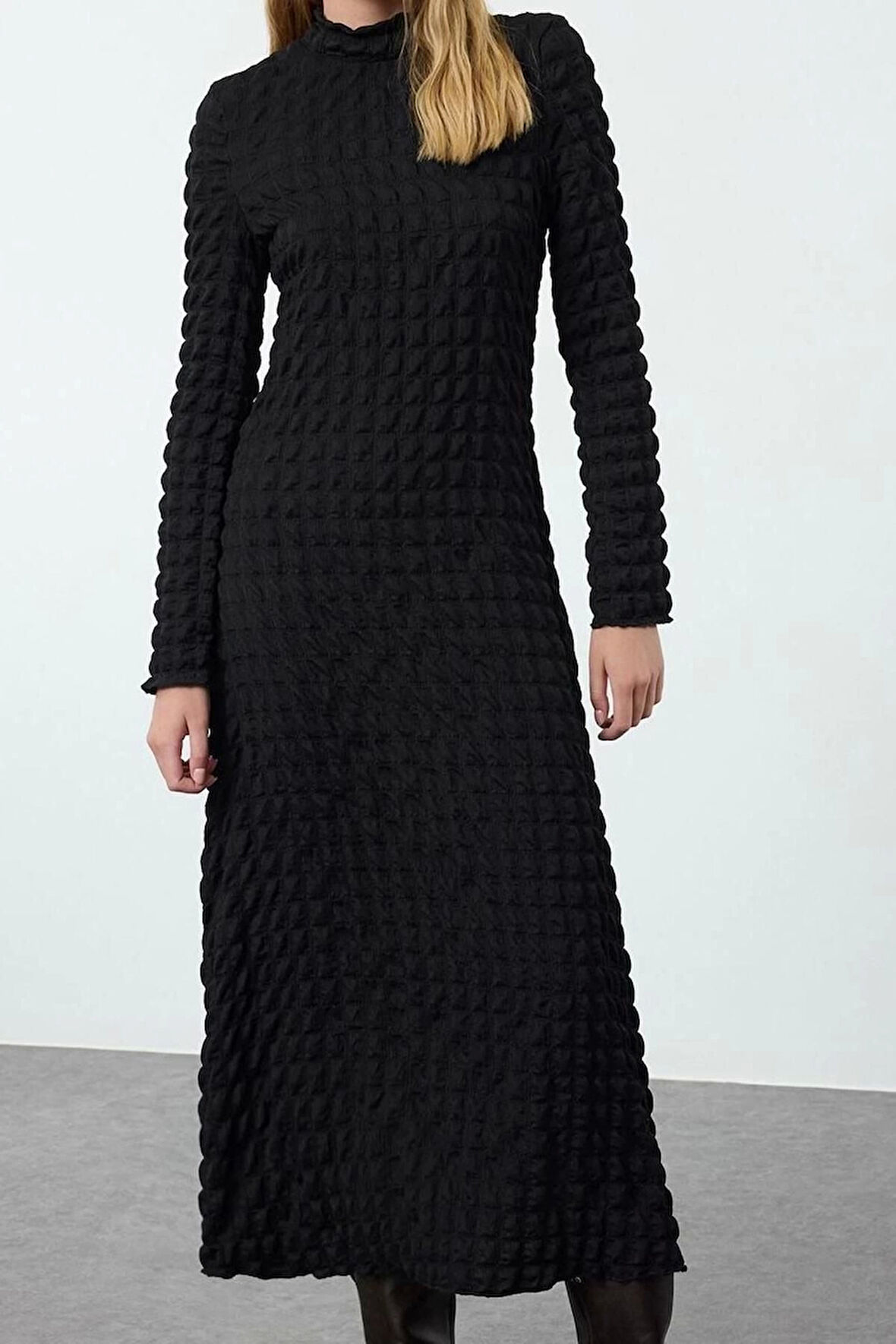 Moda Stil Regular Bisiklet Yaka Maxi Boy Düz Dokulu A-Line Esnek Örme Elbise