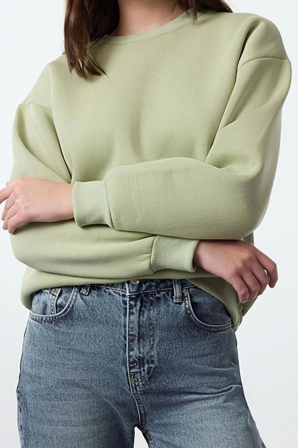 Regular Bisiklet Yaka Düşük Kol Regular Kalın İçi Polarlı Normal Kalıp Basic Örme Sweatshirt