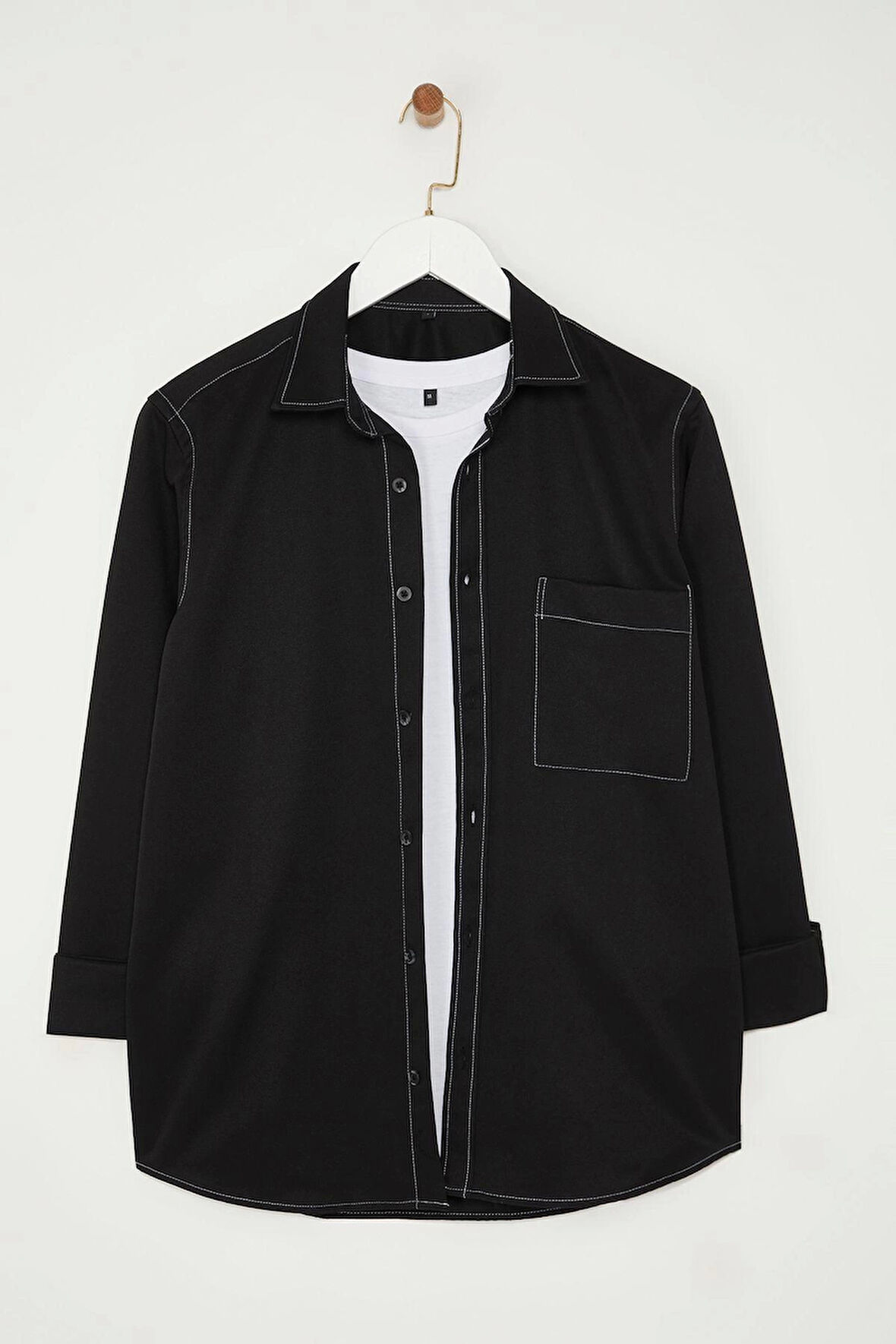 Şık Düz Desen Gömlek Yaka Regular Fit Kontrast Dikiş Detaylı Gömlek