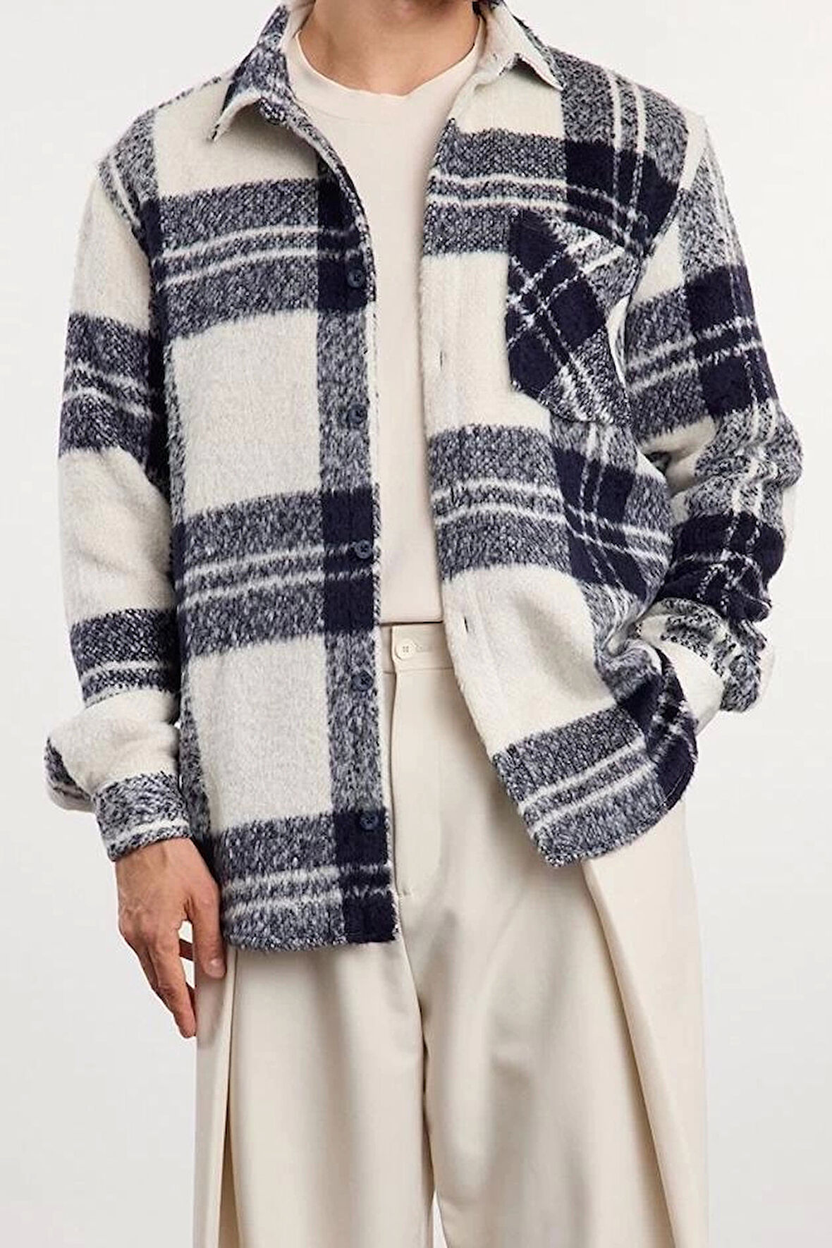 Şık Ekose Kareli Desen Gömlek Yaka Unisex Oversize Fit Kışlık Kareli Oduncu Gömlek Ceket