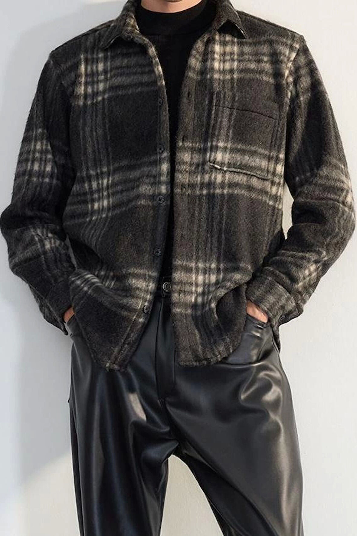 Şık Ekose Kareli Desen Gömlek Yaka Oversize Fit Kışlık Kareli Oduncu Gömlek Ceket