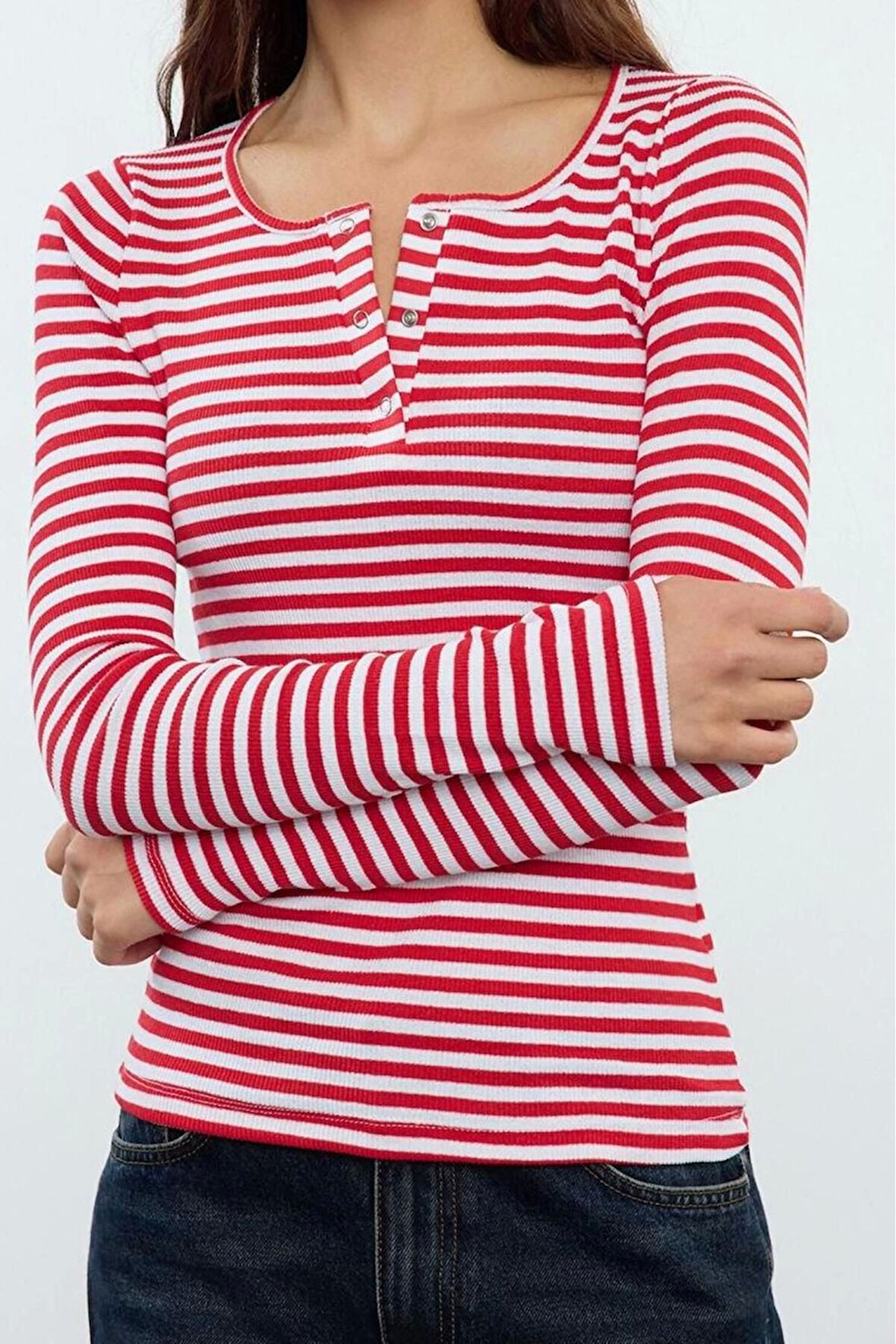 Stil Kadın Çıtçıtlı Fitted Vücuda Oturan Fitilli Esnek Bluz Regular Örme Slim Kalıp