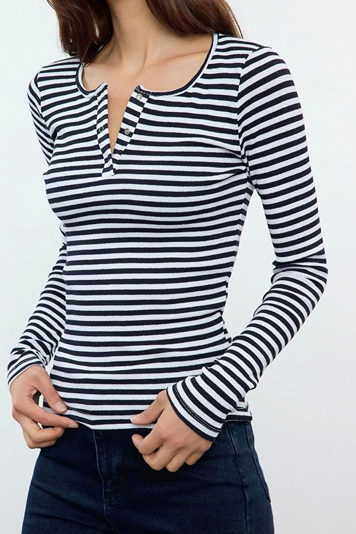 Stil Kadın Çıtçıtlı Fitted Vücuda Oturan Fitilli Esnek Bluz Regular Örme Slim Kalıp