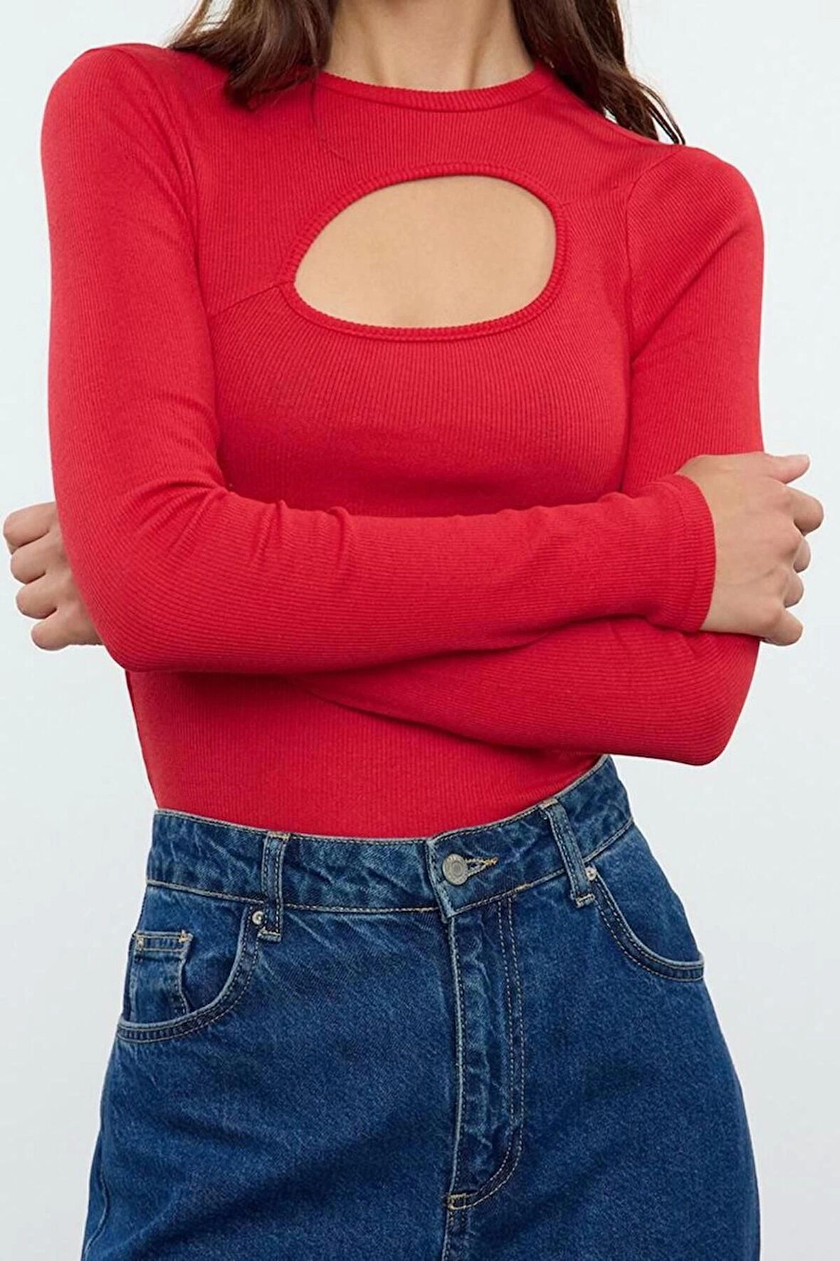 Stil Kadın Cut Out Detaylı Fitted Vücuda Oturan Fitilli Esnek Bluz Regular Örme Slim Kalıp