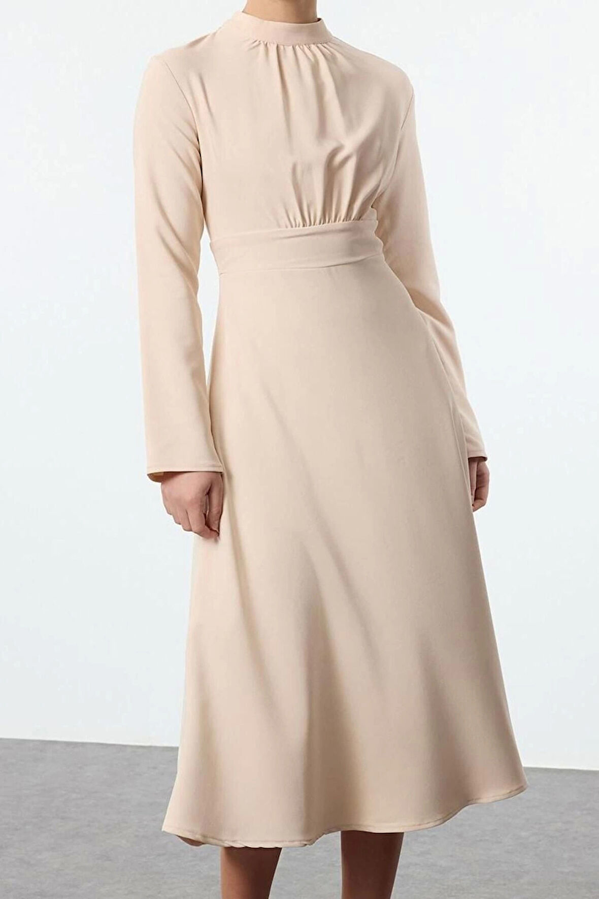 Moda Stil Regular Dik Yaka Midi Boy Skater Belden Açılan Dokuma Elbise