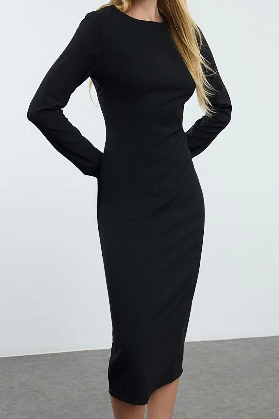 Moda Stil Regular Bisiklet Yaka Midi Boy Vücudu Saran Dokuma Elbise