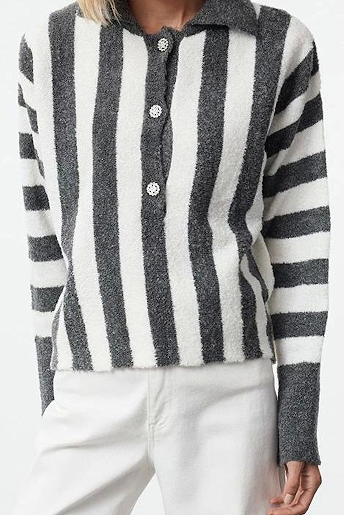 Stil Modern Kadın Regular Standart Kol Polo Yaka Yumuşak Dokulu Buklet İplik Çizgili Triko Kazak