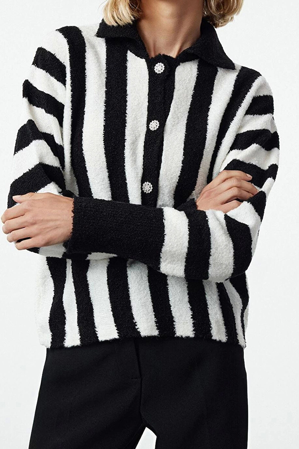 Stil Modern Kadın Regular Standart Kol Polo Yaka Yumuşak Dokulu Buklet İplik Çizgili Triko Kazak