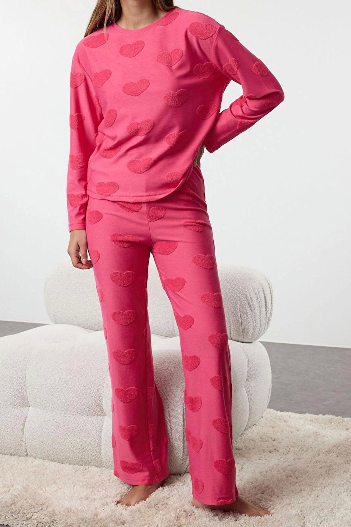 Tarz Rahat Uzun Kollu Boru Paça Kalpli Örme Pijama Takımı