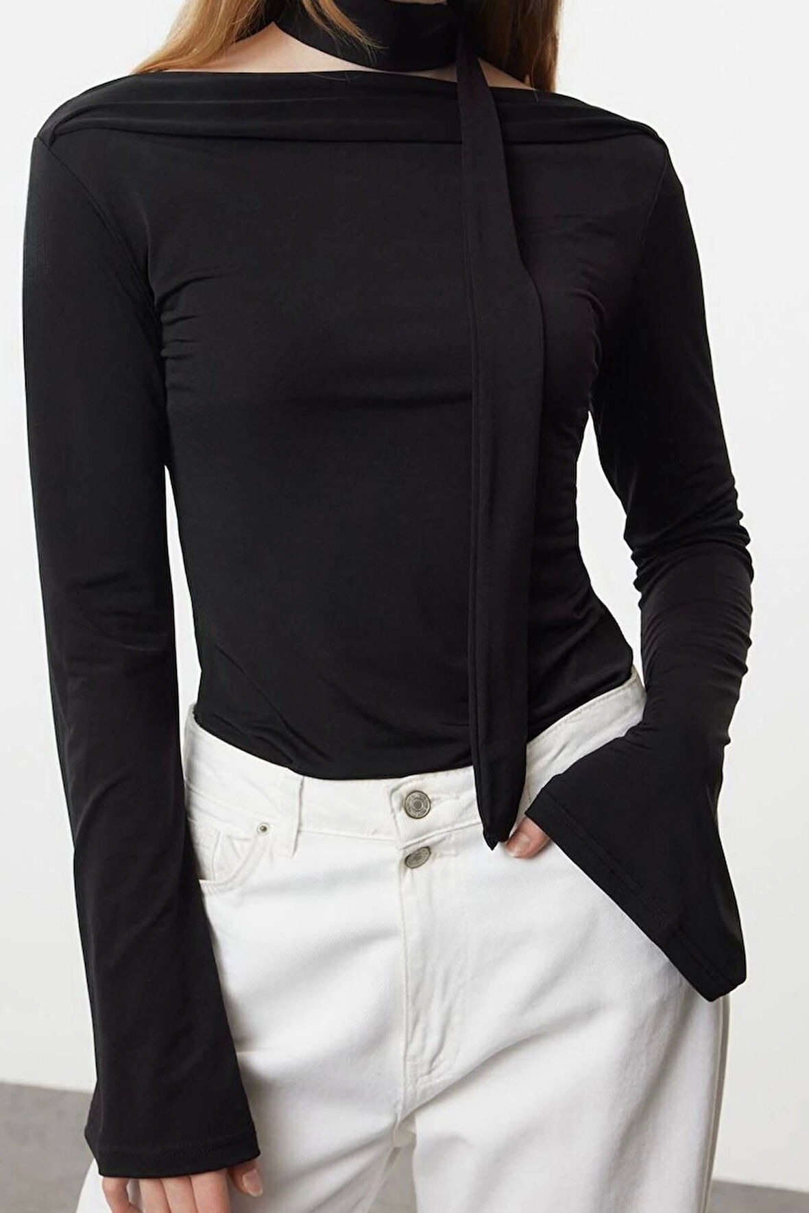 Stil Kadın Şal Detaylı Fitted Vücuda Oturan Esnek Bluz Regular Örme Slim Kalıp Düşük Kol