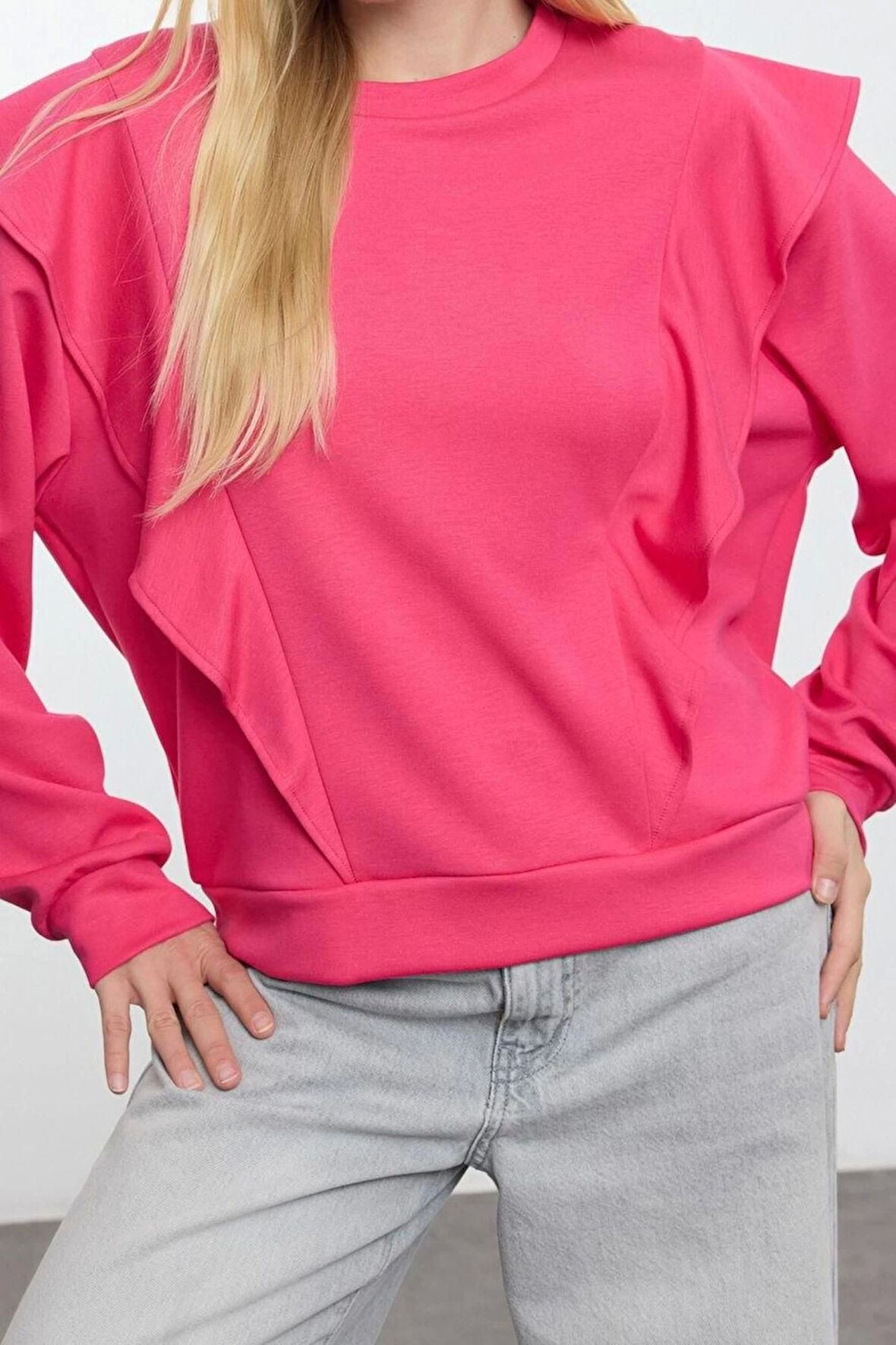 Relaxed Bisiklet Yaka Büzgülü/Fırfırlı Kol Regular Fırfır Detaylı Rahat Kalıp Örme Sweatshirt