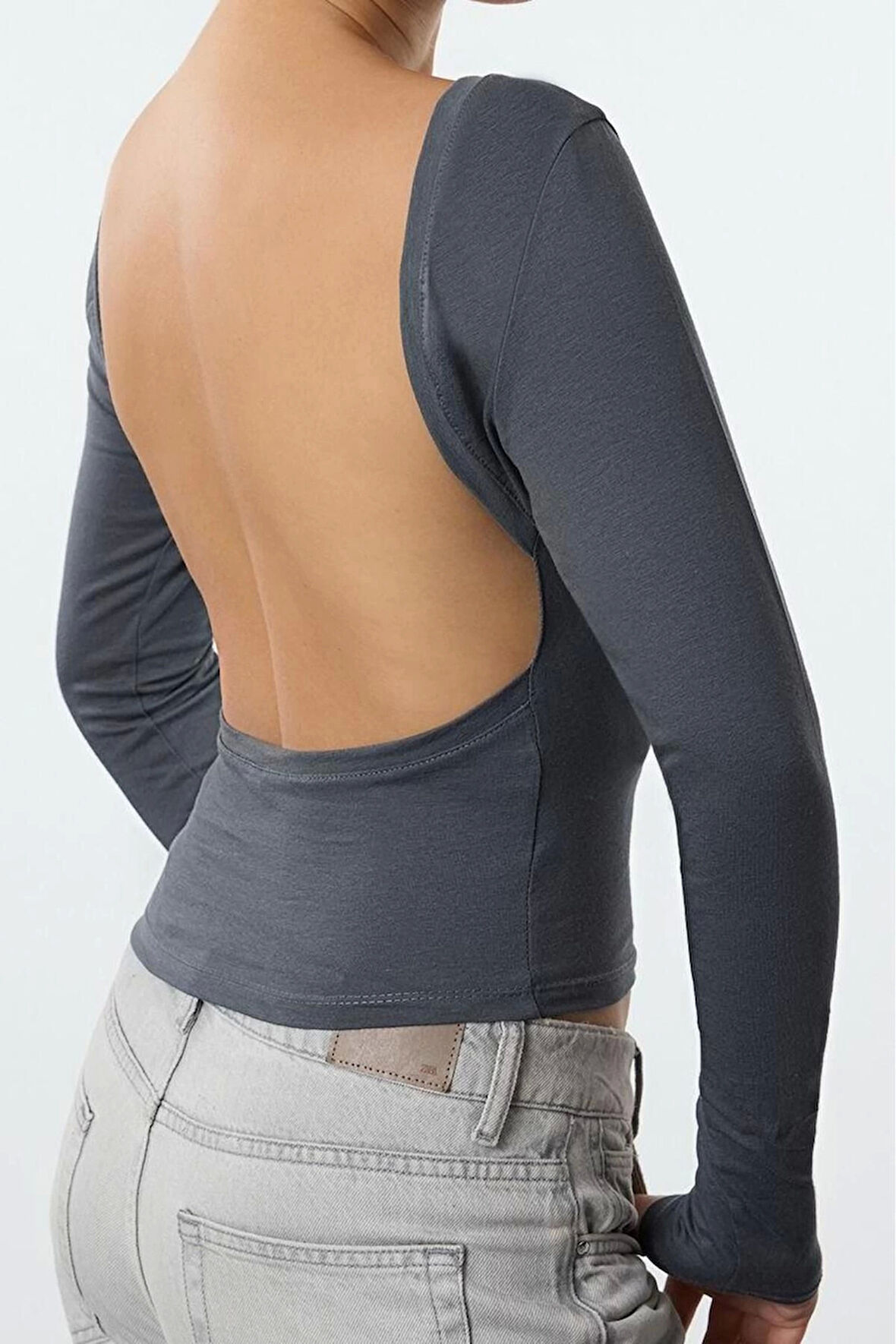 Stil Kadın Derin Sırt Dekolteli Fitted Vücuda Oturan Pamuklu Esnek Bluz Regular Örme Slim Kalıp