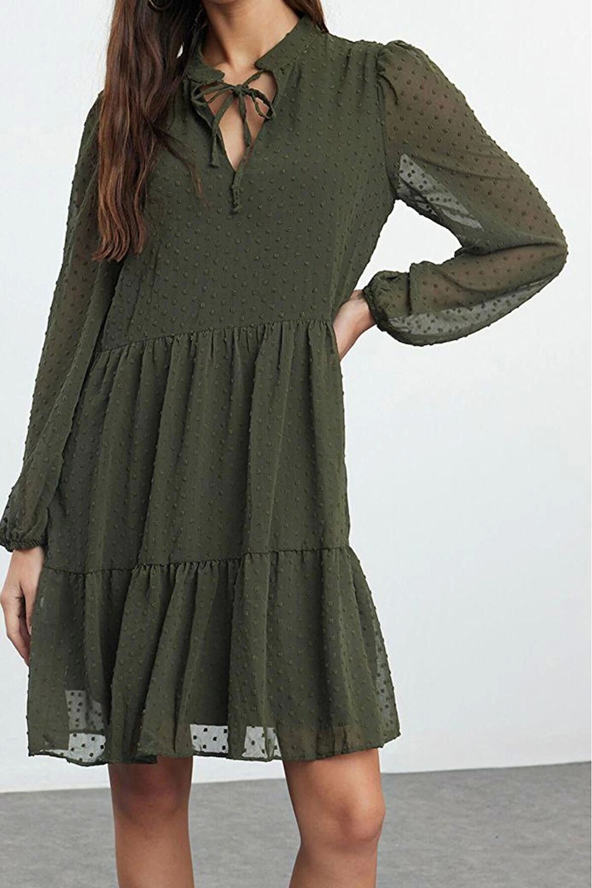 Moda Stil Regular Dik Yaka Mini Boy Düz Geniş Kesim Puantiye Şifon Kumaşlı Dokuma Kışlık Elbise