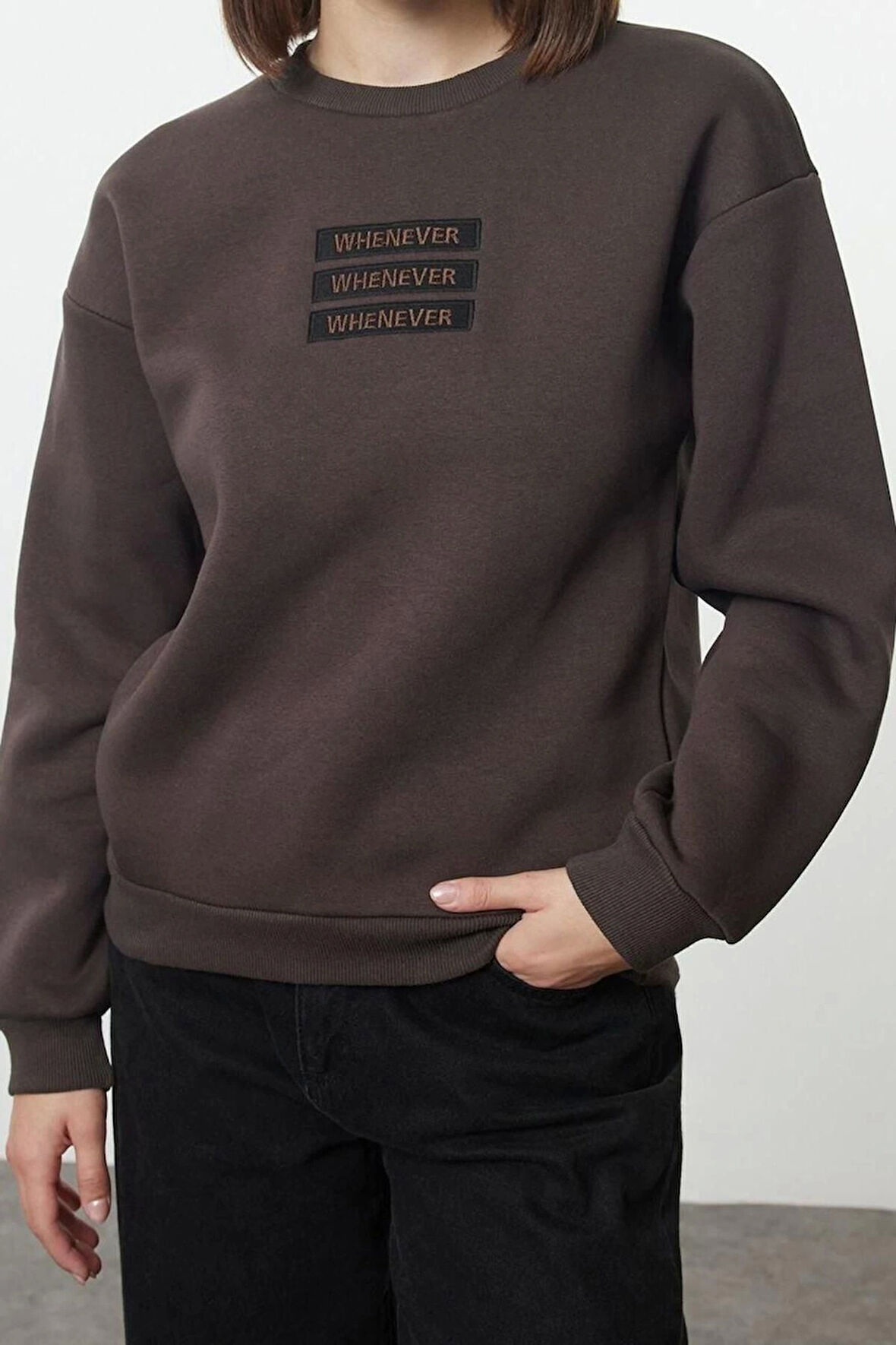 Bisiklet Yaka Düşük Kol Kalın İçi Polarlı Slogan Nakışlı Rahat Kalıp Örme Sweatshirt