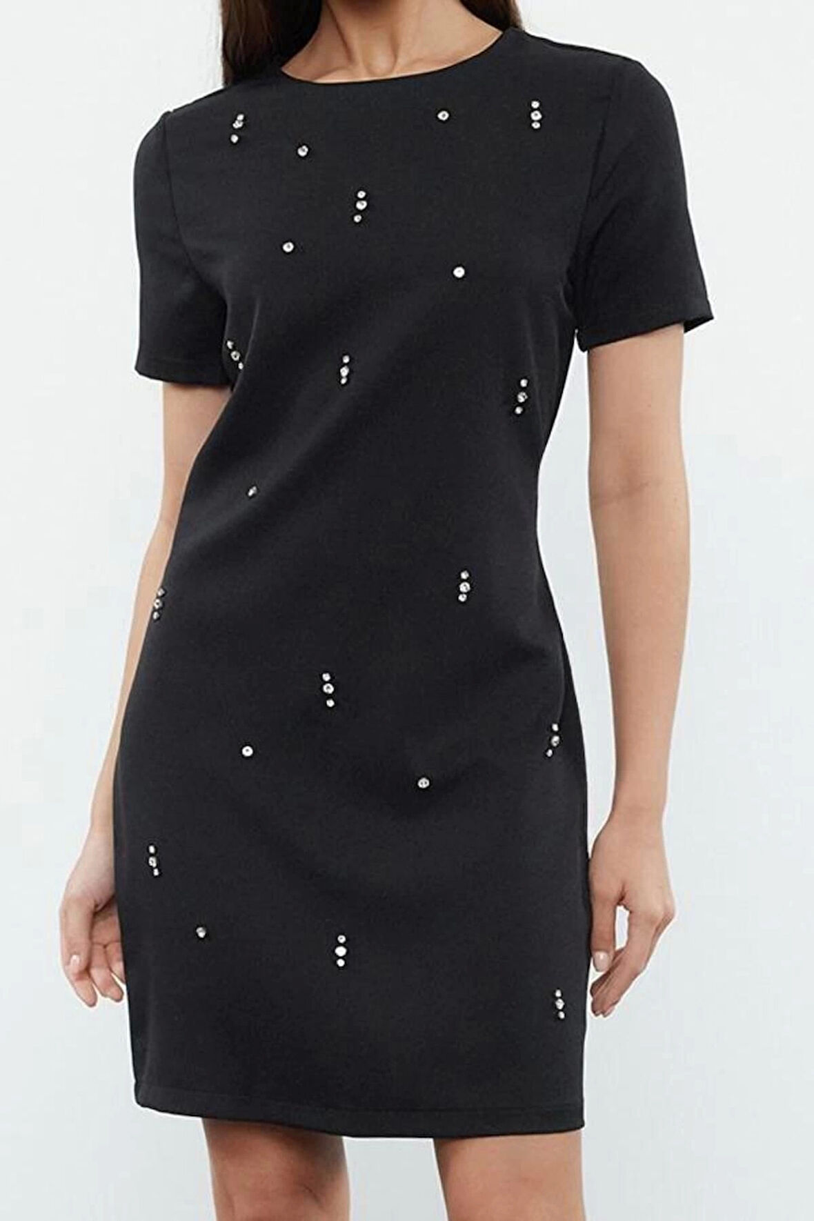 Moda Stil Regular Bisiklet Yaka Mini Boy Shift Düz Kalıp Taş İşlemeli Dokuma Elbise