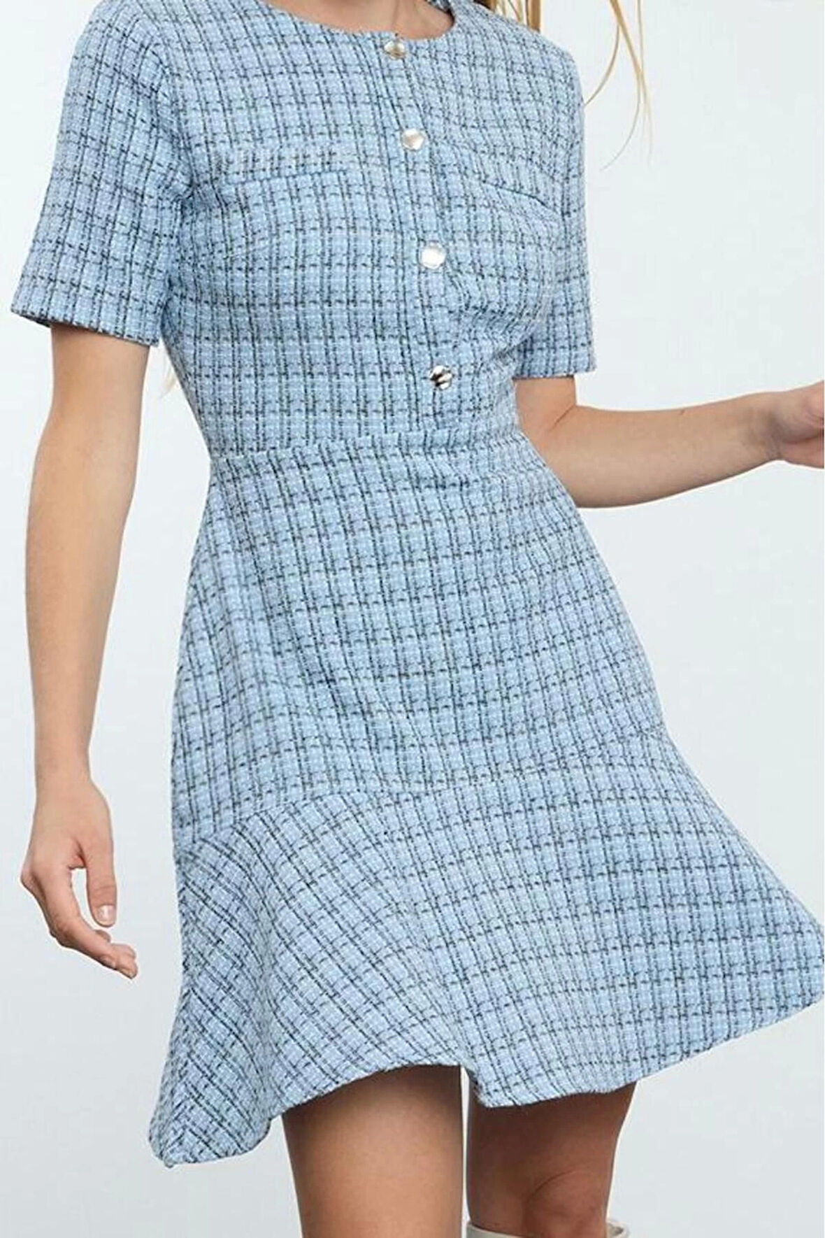 Moda Stil Regular Bisiklet Yaka Mini Boy Eteği Belden Açılan Tüvit Dokuma Elbise